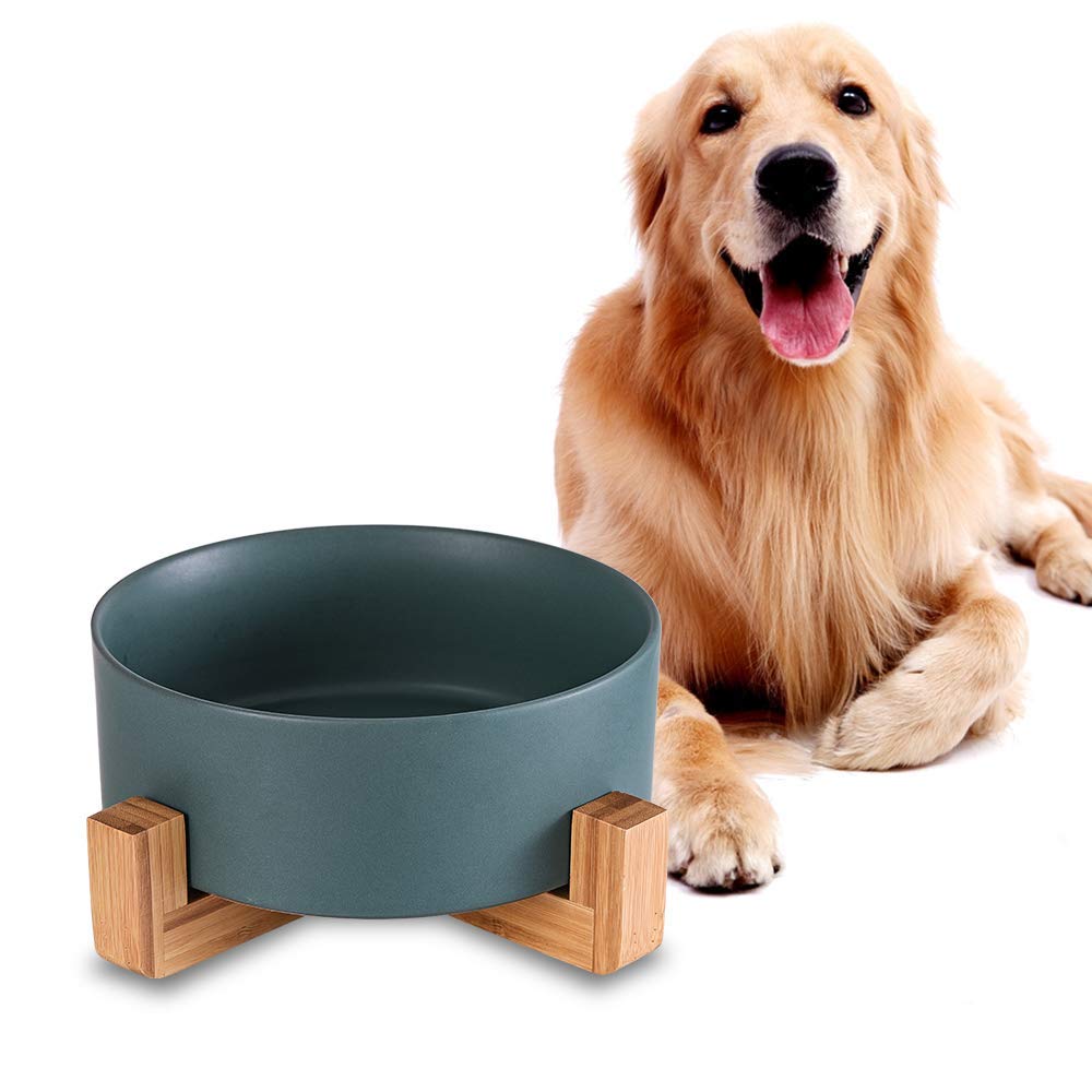 Green Ceramic Dog Bowls With Wood Stand, Dog Water Bowls And Food Dish, Heavy Weighted Or No Tip Over Dog Comfort Food Bowls, Stoneware Pet Bowl,Extra High Capacity 8.4' Diameter, For Large Dogs