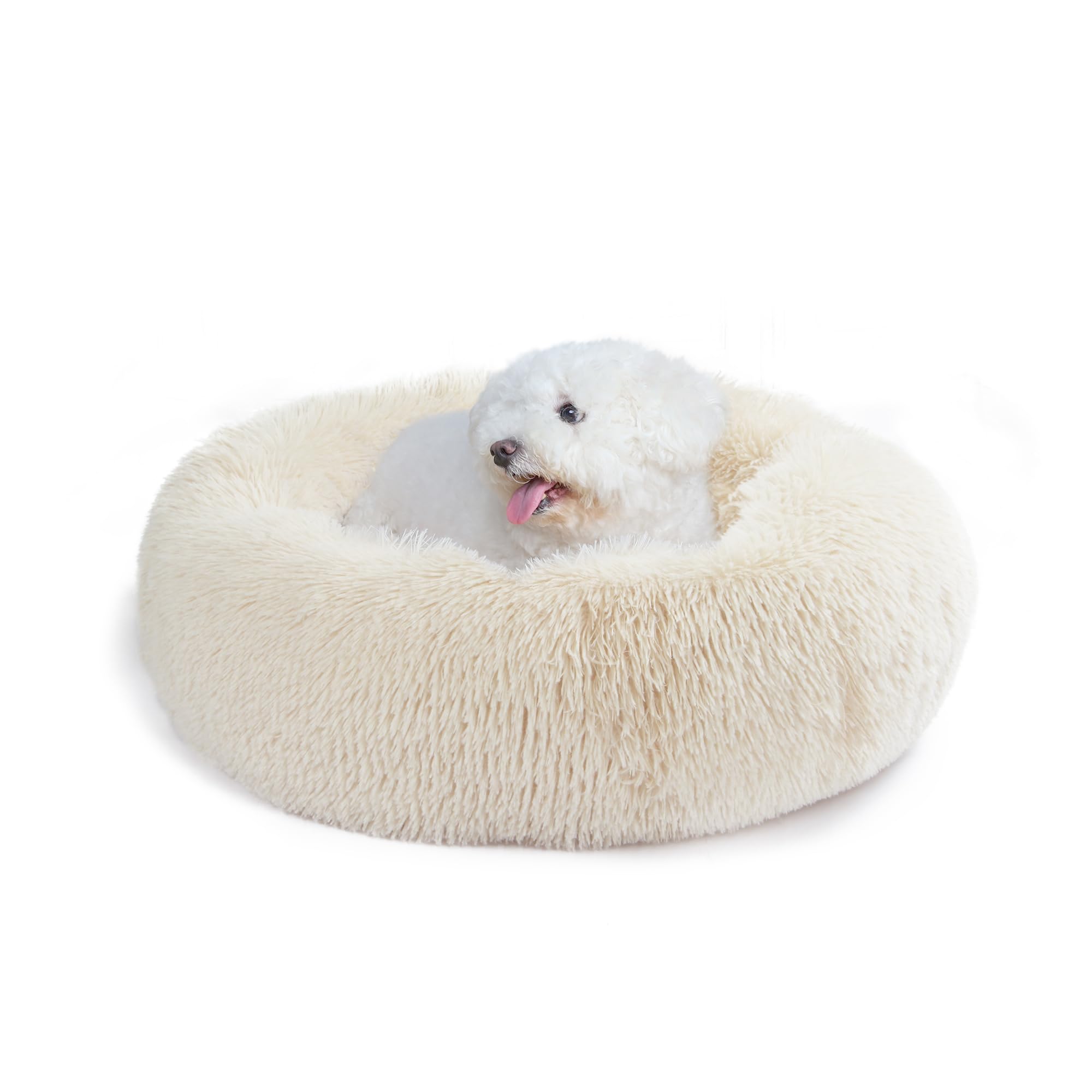 Small Dog Bed White Cream,Calming Dog Bed for Small Dogs,19 inches Donut Fluffy Pet Beds,Anti Anxiety Round Fits up to 10 lbs So
