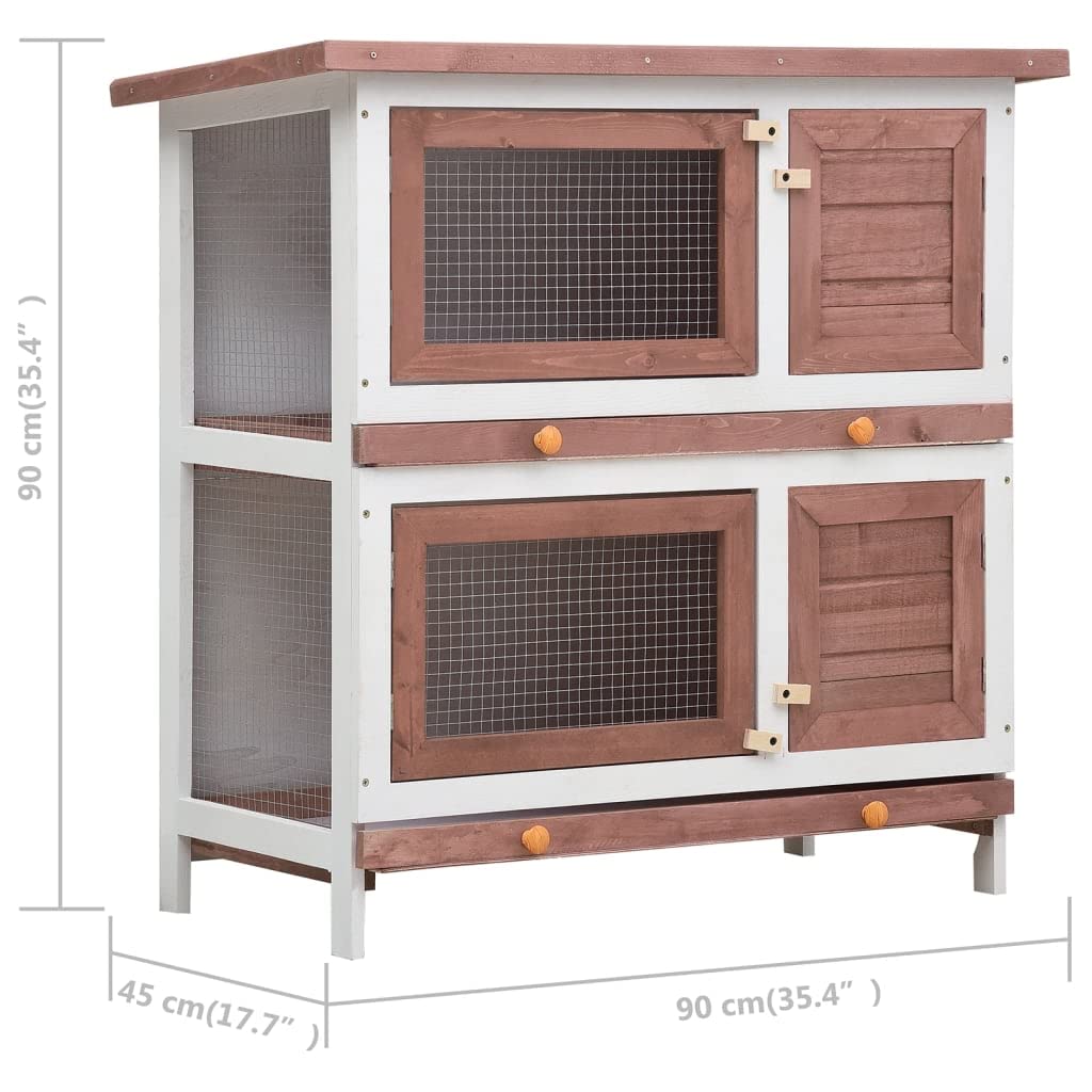 'vidaXL 2-Layer Outdoor Rabbit Hutch with Waterproof Green Roof, Iron Wire Mesh, Pull-Out Trays, and 4 Doors - Brown and White Wooden Pet Enclosure