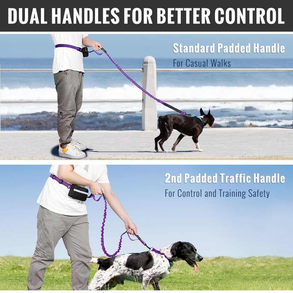 Plutus Pet Hands Free Dual Handle Retractable Bungee Leash With Reflective Stitches, Adjustable Waist For Dogs Walking, Jogging,