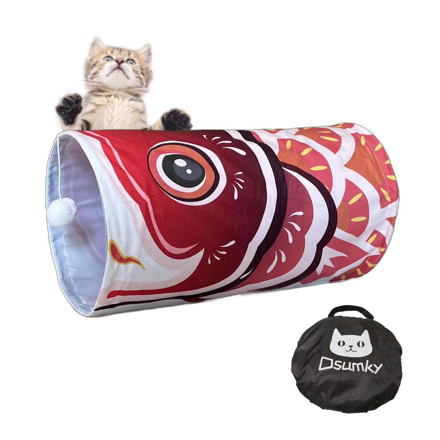 Dsumky Cat Tunnel With Fish Design, Plush Toy Ball, Easy To Clean, Collapsible, Hide & Seek Play, Self-Entertainment Toy (Radian