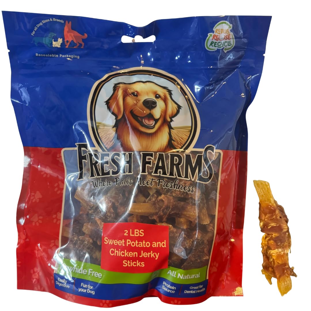 Fresh Farms 2 Pounds Sweet Potato & Chicken Jerky Dog Treats - Natural, Rawhide Free, Soft Chews for Dogs High Protein Chicken J