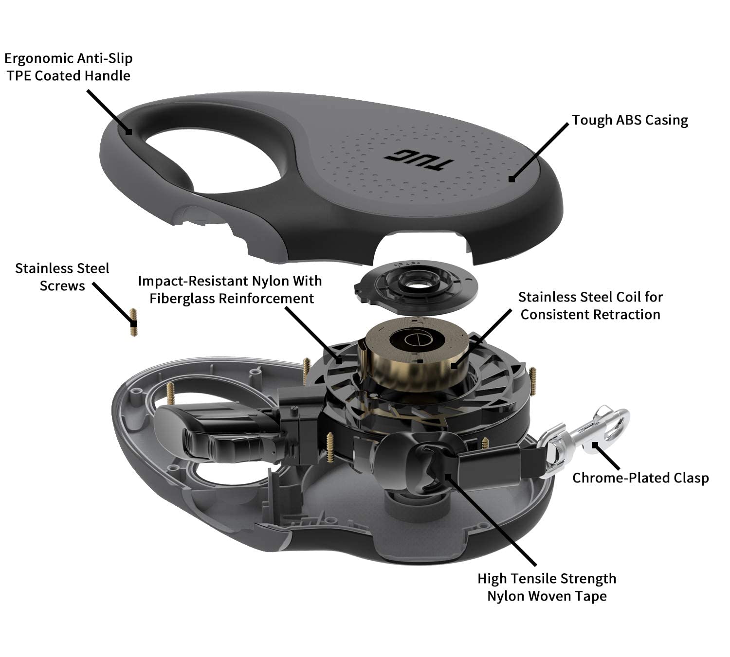 TUG 360° Tangle-Free Retractable Dog Leash, Medium Grey with Waste Bag Dispenser - Perfect for Active Dogs