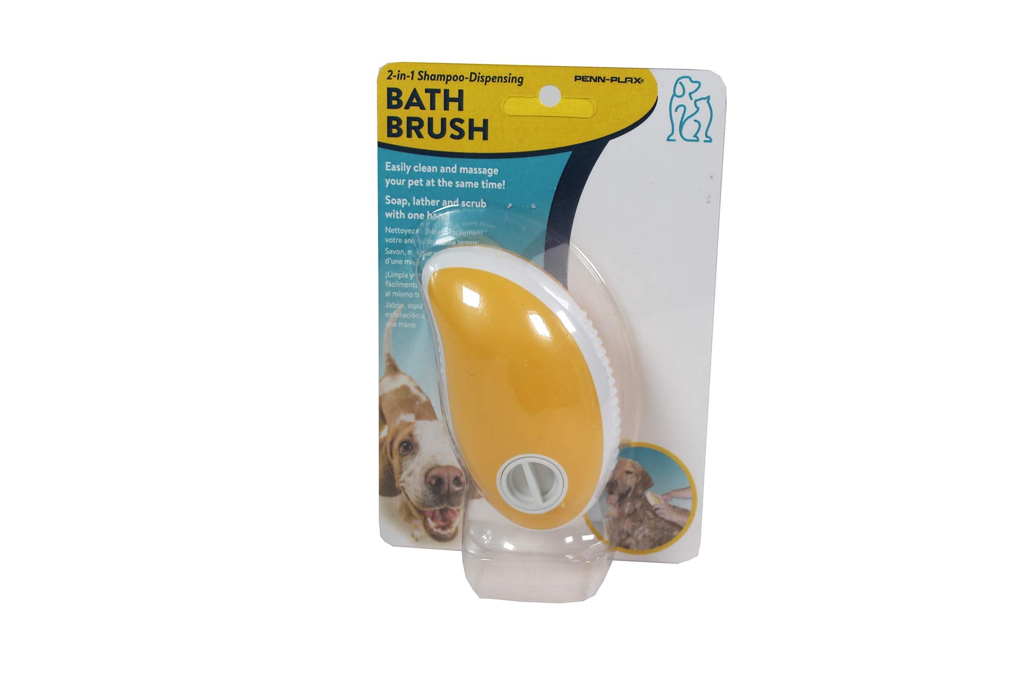 Penn-Plax 2 In 1 Shampoo Dispensing Pet Bath Brush - Soap, Lather, Scrub, And Massage Your Dog Or Cat - Safe For All Ages And Br