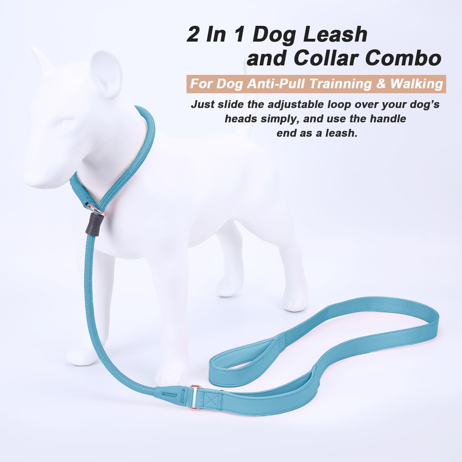 Aaufilux Slip Lead Dog Leash, Double Handle, Soft Leather, Heavy Duty Nylon, No Pull Walking, 5Ft Light Blue