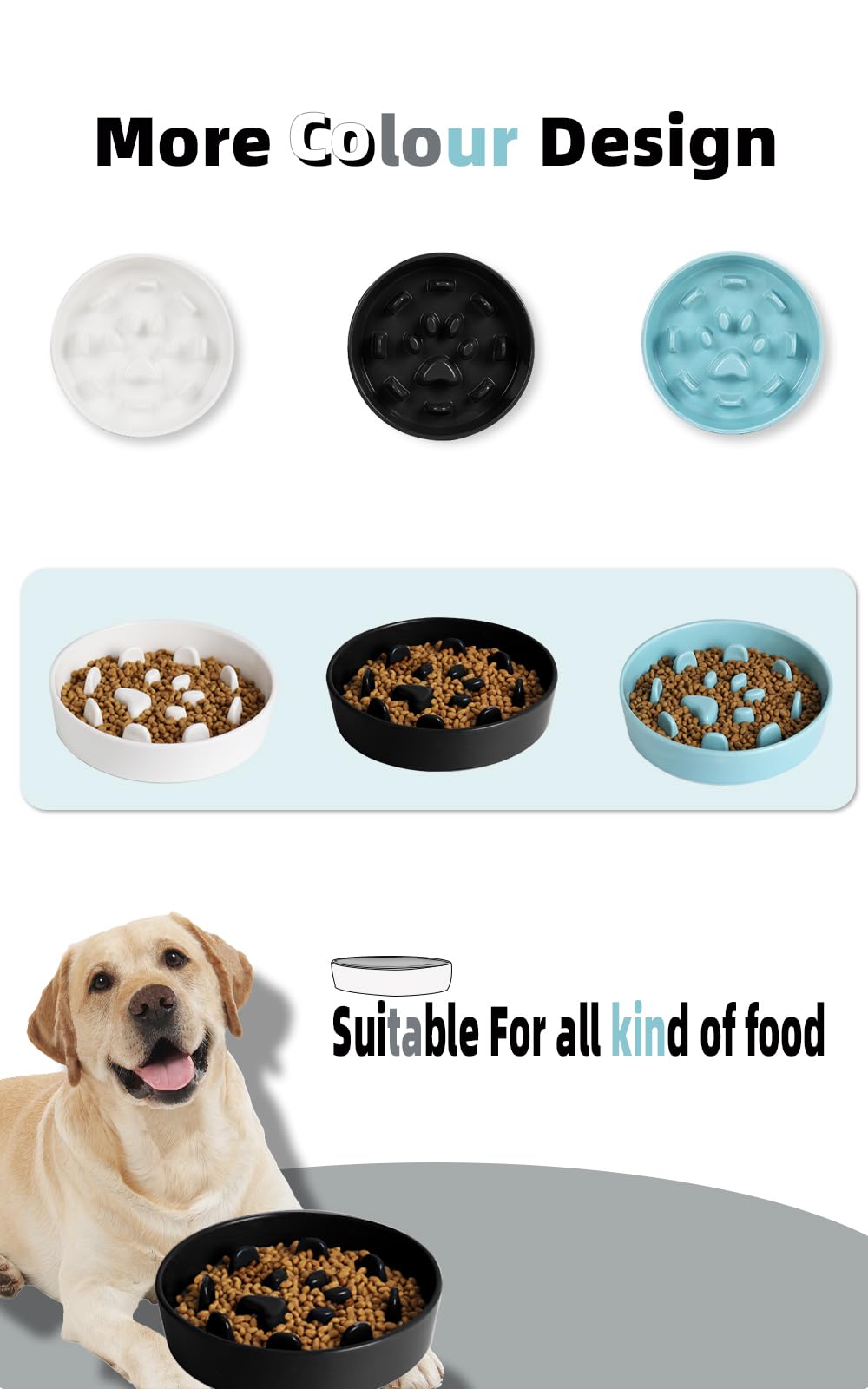 Haotop Ceramic Fun Slow Feeder Dog Bowl, Porcelain Slow Eater Bowl For Dogs (Black)