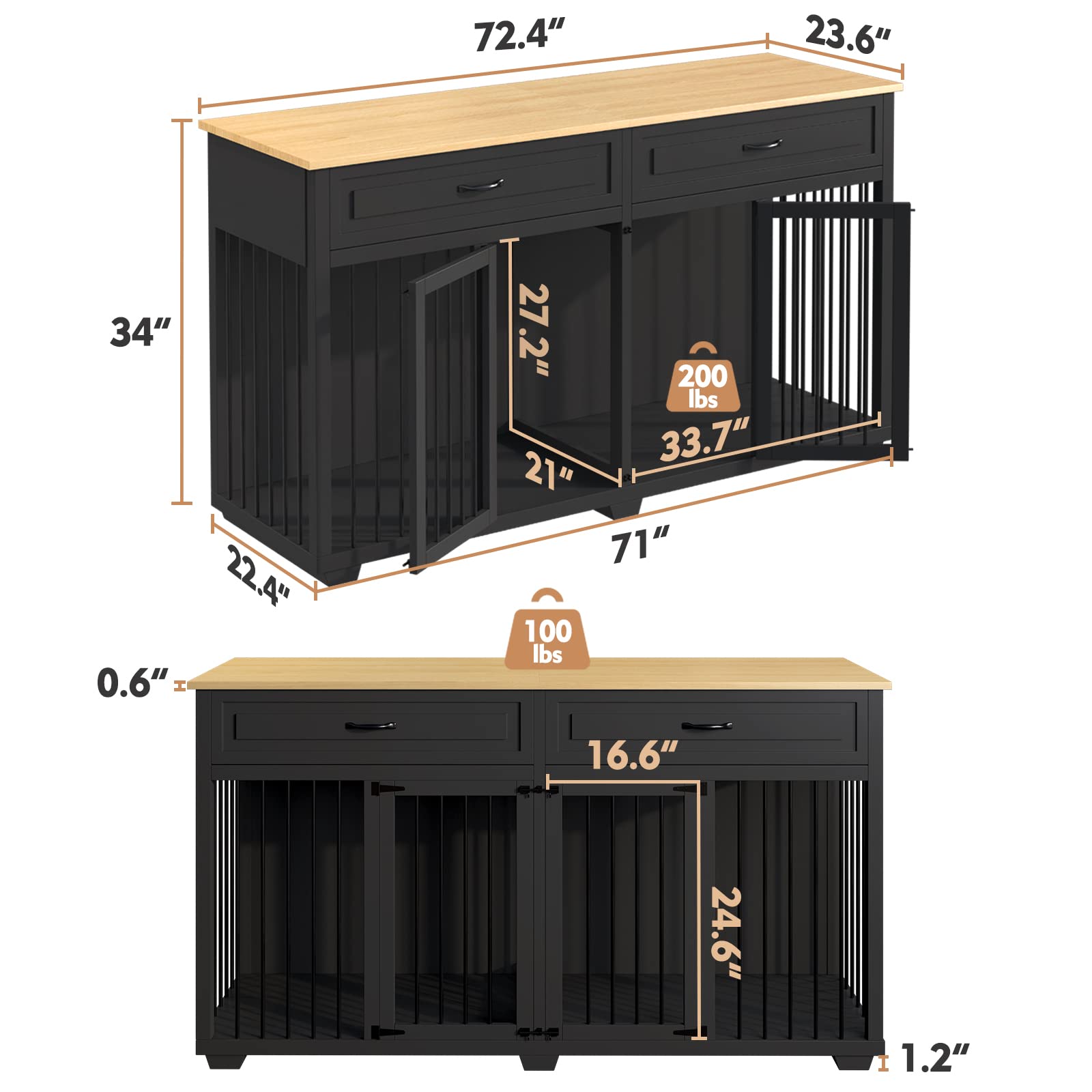 PIAOMTIEE Dog Crate Furniture, 72.4 Inch Indoor Wooden Dog Kennel Cage House, Modern Decorative End Table with Double Doors, Dra