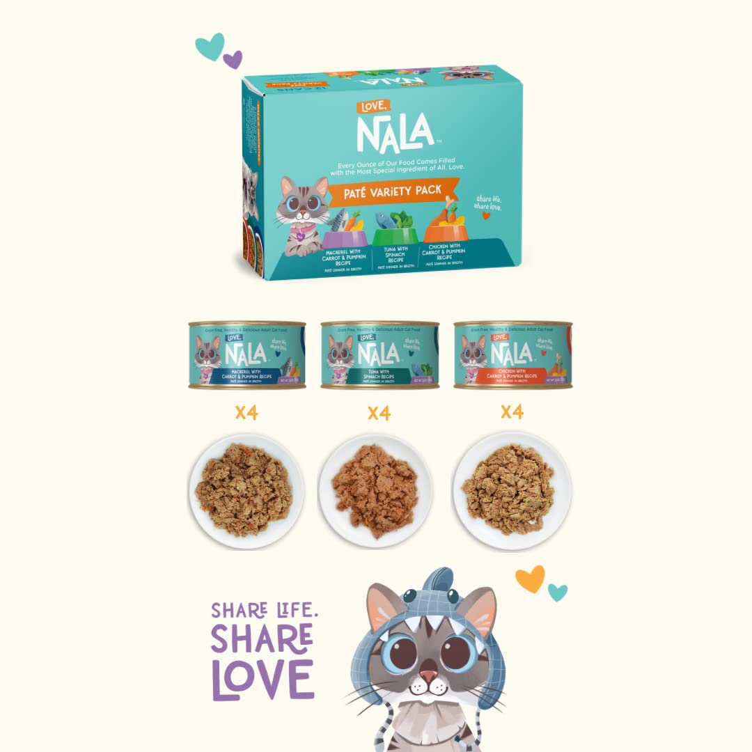 LOVE, NALA - Natural Adult Cat Wet Food - Pate Variety Pack - Tuna, Chicken, Mackerel - Grain Free, Non-GMO, Fiber Blend, Minera