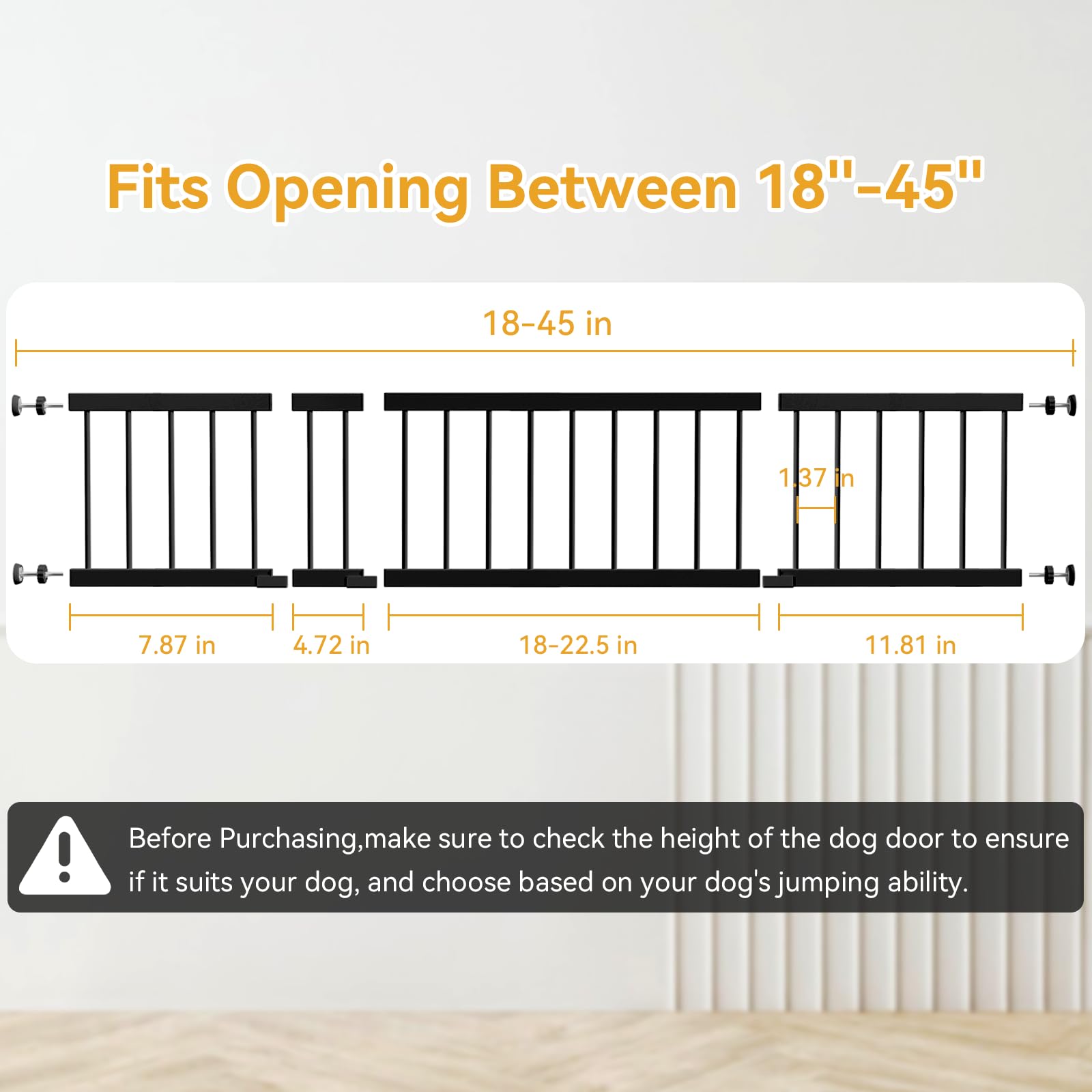 Dog Gate Indoor,18'-45' Adjustable Extra Wide Metal Short Dog Gate To Step Over, 14' Tall Small Pet Gate With 3 Extension Kit