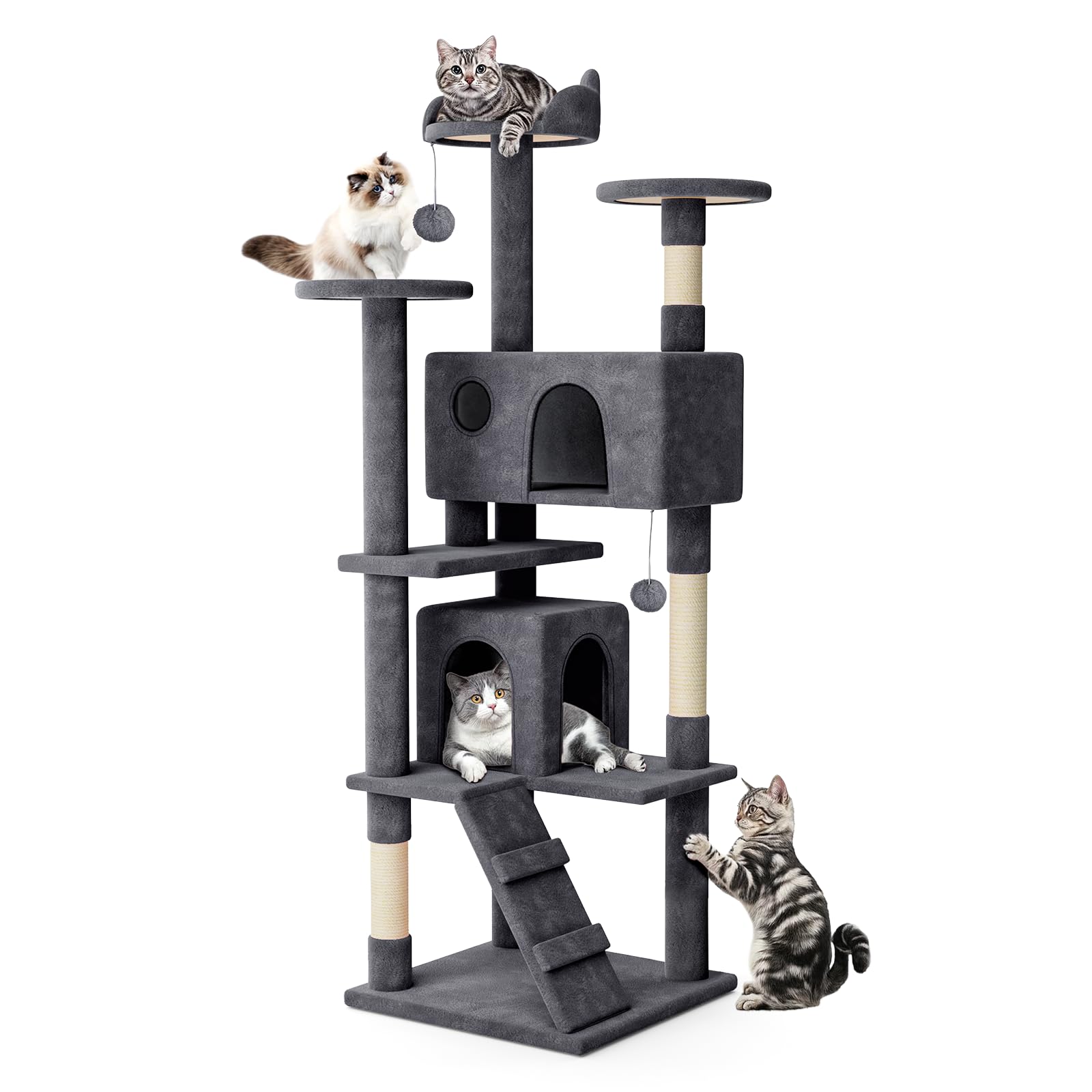 Monibloom Cat Tree, 77 Inch Cat Tree Tower With 2 Condo, Tall Cat Tower With Scratching Post, Cat Climbing Tower, Cat Tree For I