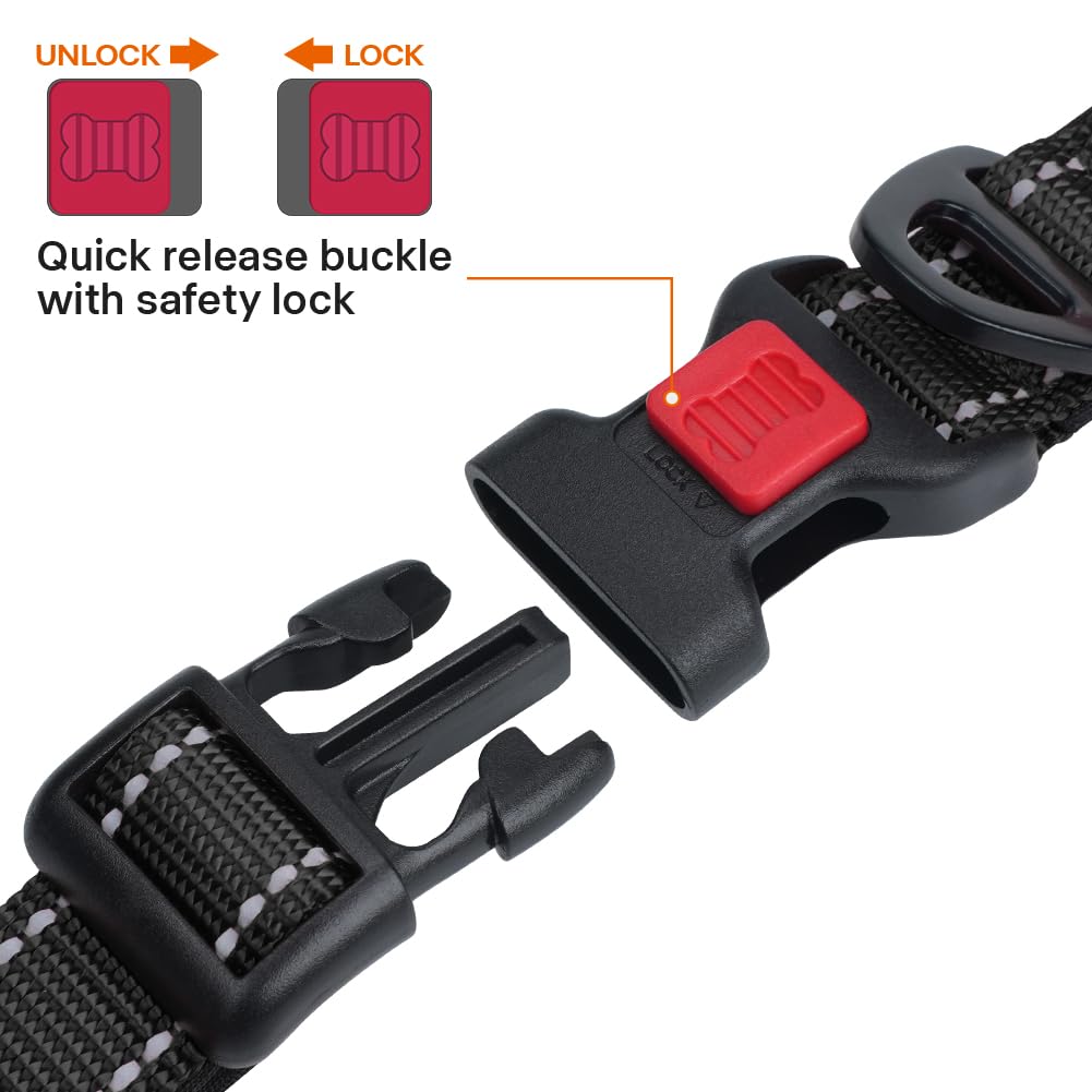 Taglory Reflective Dog Collar With Safety Locking Buckle, Adjustable Nylon Pet Collars For Extra Large Dogs Female Male, Black, Xl