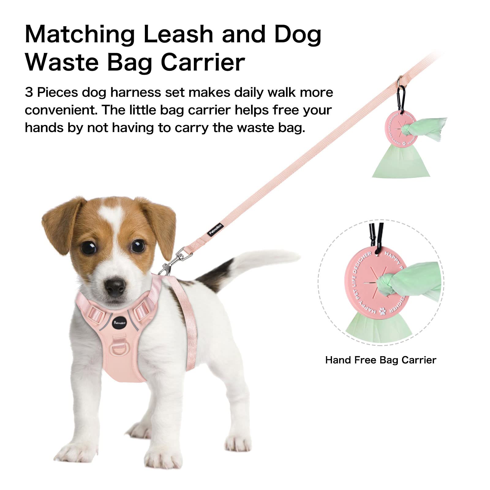 Petmolico Dog Harness For Medium Dogs No Pull, Cute Dog Harness With Two Leash Clips And Soft Handle, Reflective Easy Walk Dog Harness With Leash, Pink Medium