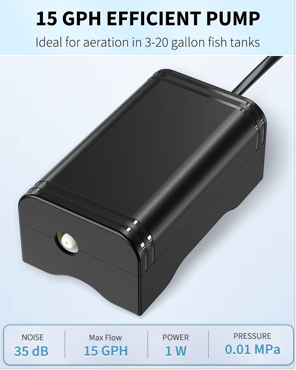 Pawfly Mini Aquarium Air Pump 15 GPH, Quiet Oxygen Aerator, Black, Model CW0533-UK-2, for 3-20 Gallon Fish Tanks