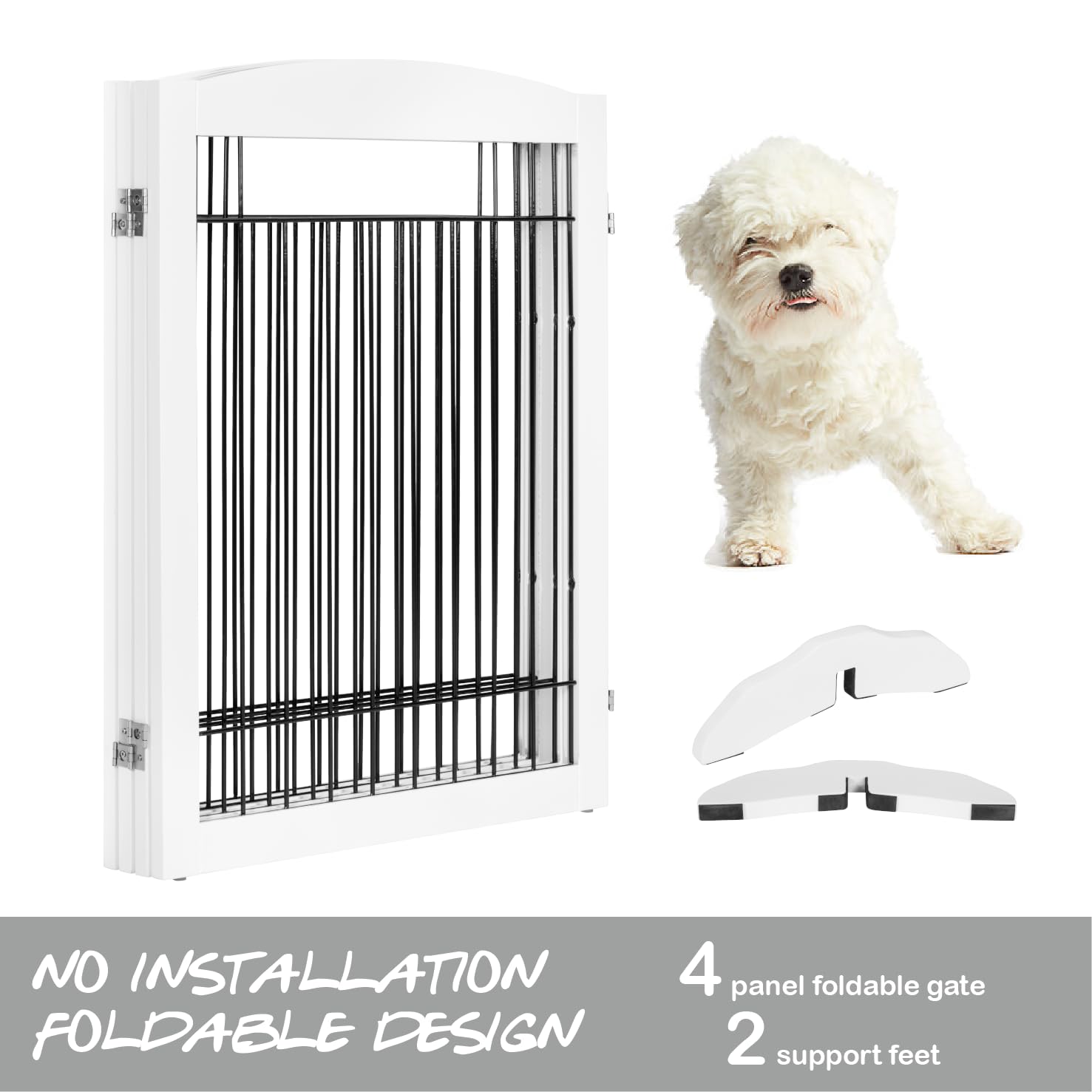Pawland Extra Wide Dog Gate For The House, Doorway, Stairs, Dog Fences Indoor, Freestanding Foldable Wooden Pet Gates For Dogs, Set Of Support Feet Included, 96 In Wide 30 In Tall, 4 Panels White
