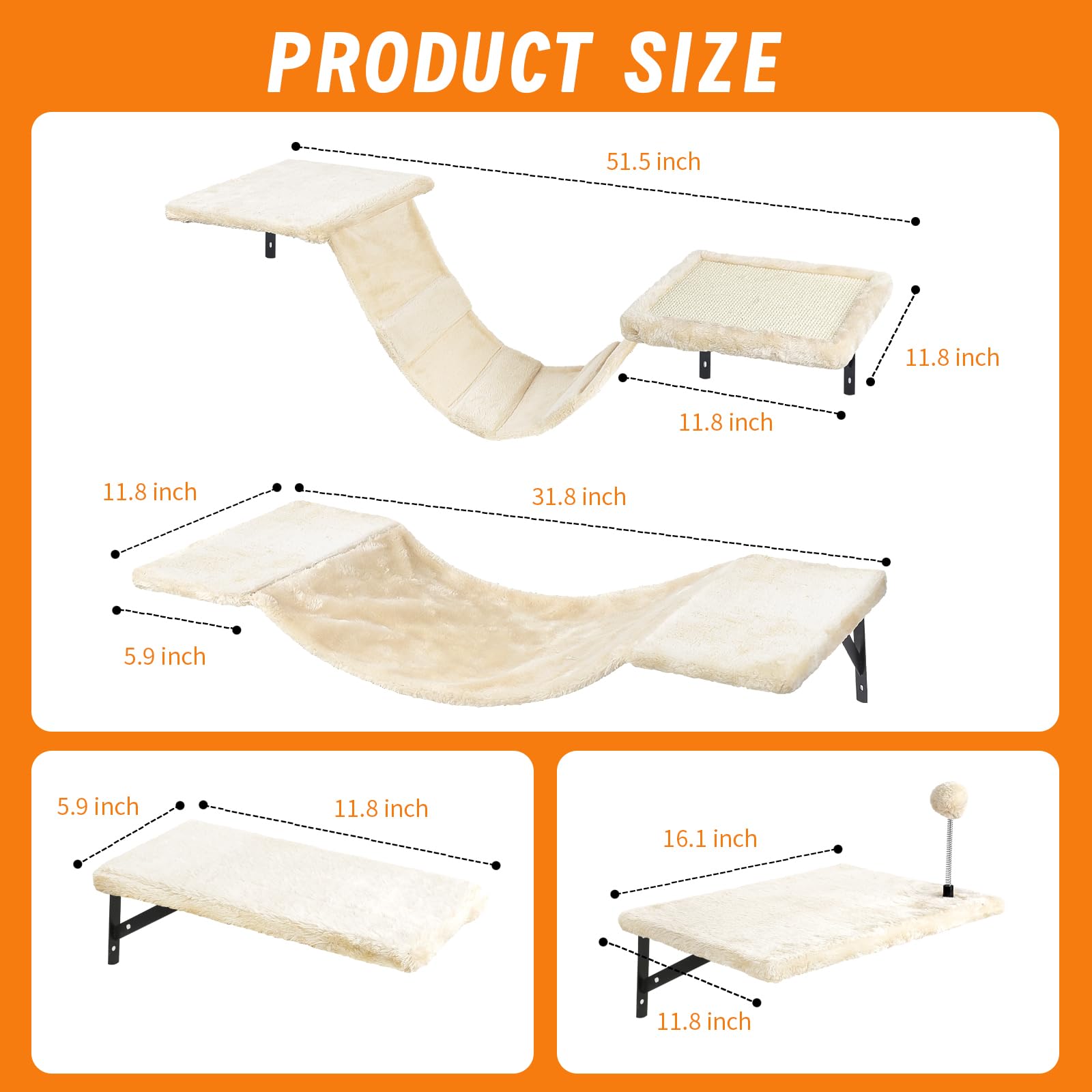 Wall-Mounted Cat Climber Set With Climbing Shelves, Perches, Bridge,Hammock,Scratching Board & Ball - 7 Pcs Wood Indoor Cat Furn