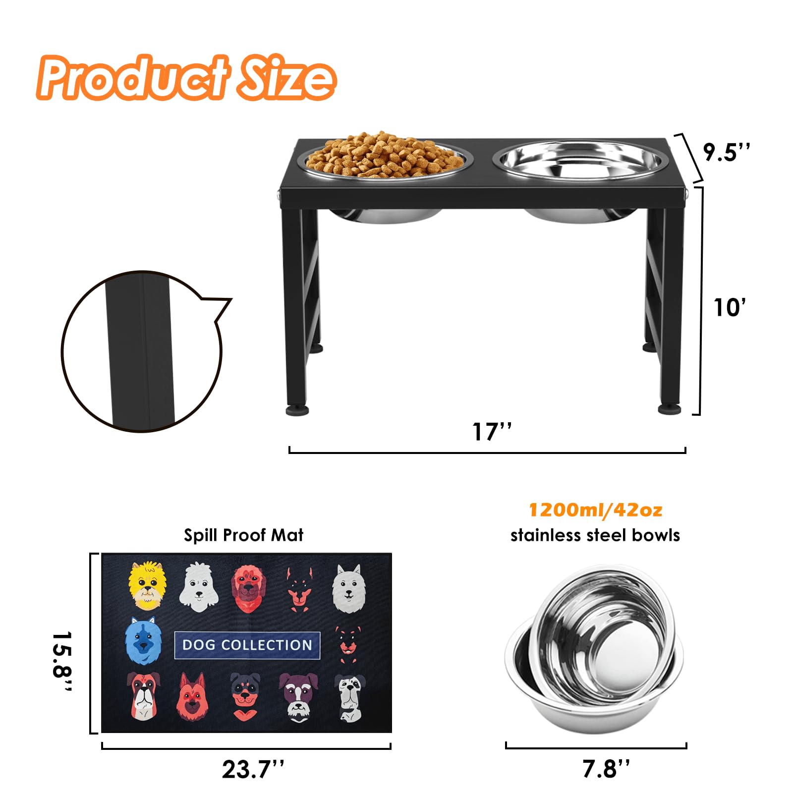 Adengl Metal Elevated Dog Bowls For Large & Medium Dogs, 10'' Tall Raised Stand With 2 Stainless Steel 42Oz Bowls & 16X24 Spill-
