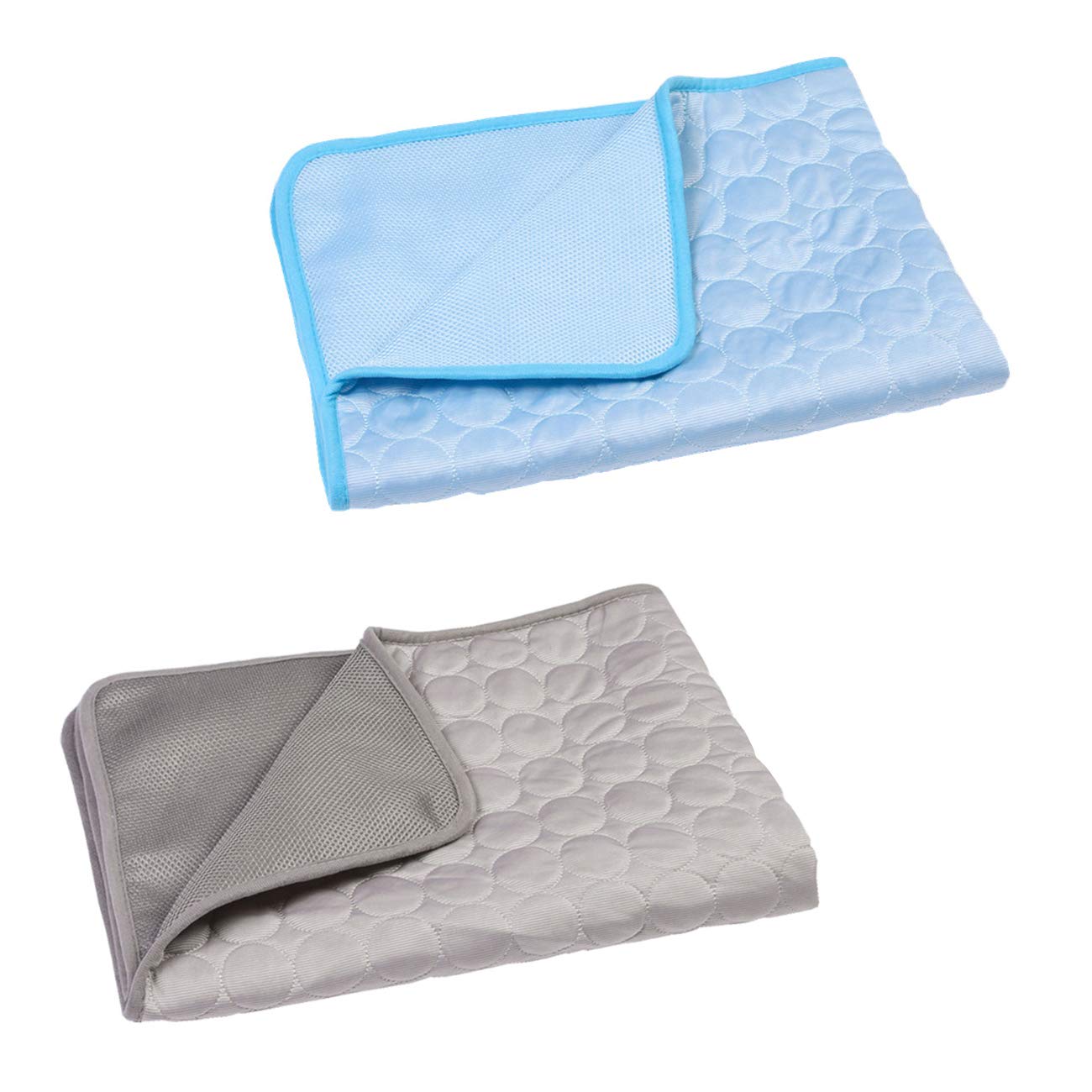 Wontee Pet Cooling Mat Dog Ice Silk Pad Blanket Washable Summer Sleeping Bed For Cats Dogs Kennel Sofa Bed Floor Travel Car Seats (Blue + Grey) (L)