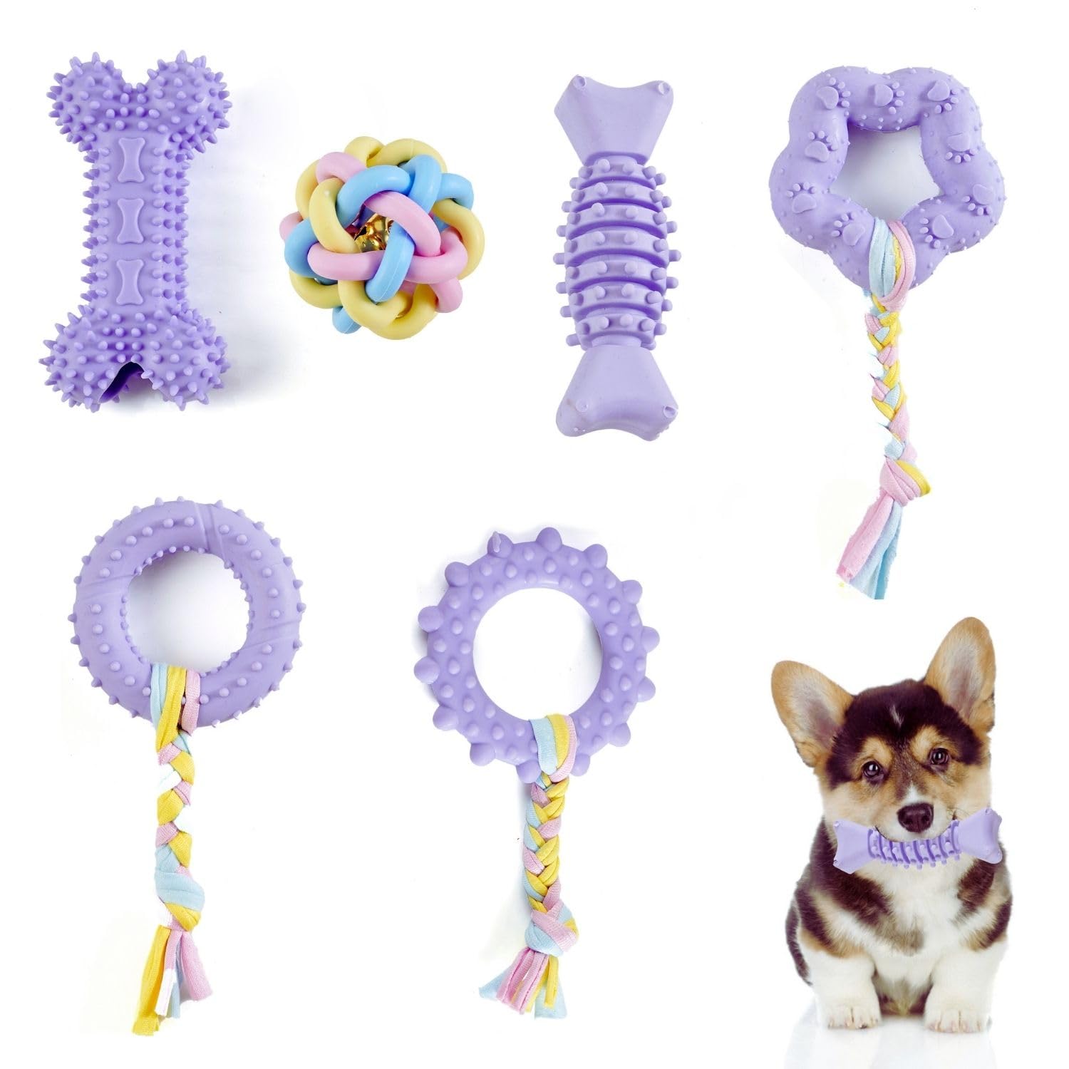 Bambinom Chew Toys, 6 Pcs Soft Rubber Teething Toys For Small Dogs, Eco-Friendly Interactive Dog Toys, Teeth Cleaning, Cute Purp