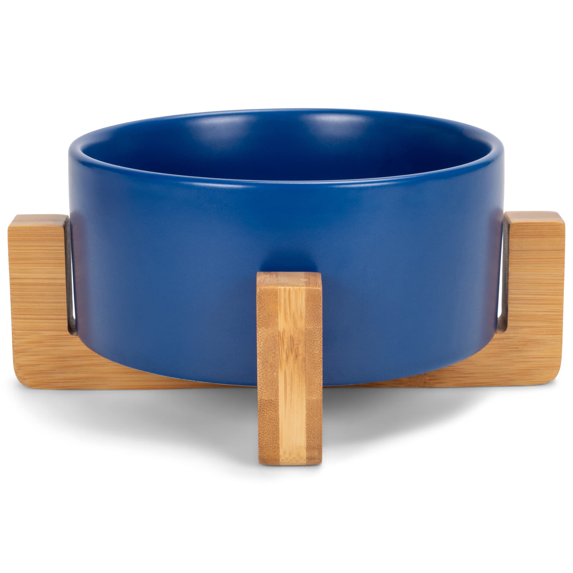 Nat & Jules Small Navy 6 Inch Stoneware Ceramic And Wood Pet Bowl With Stand