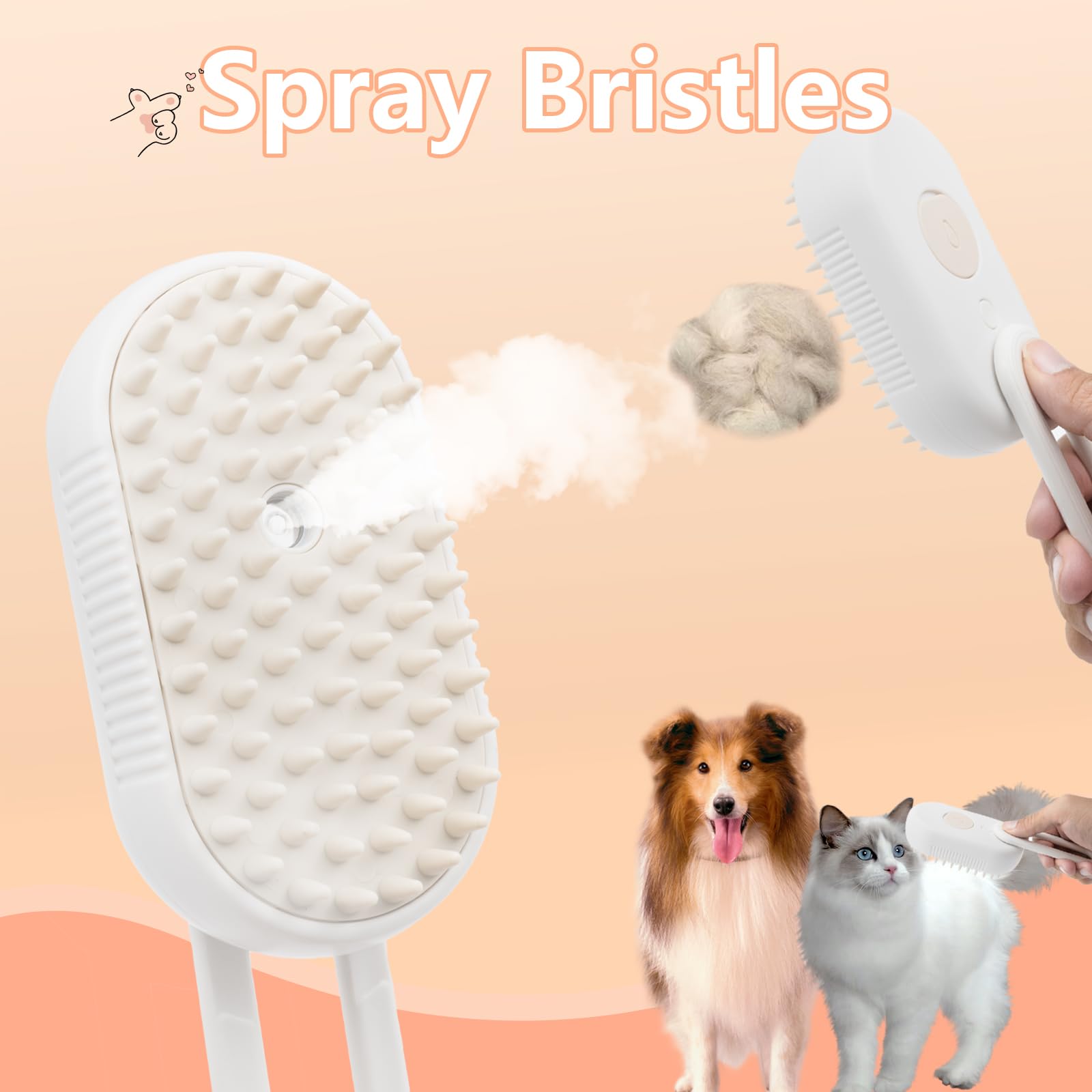 Cloud Care Cat Brush With Steam - 3-In-1 Self-Cleaning Pet Hair Brush For Shedding, 360 Rotating Arm, Detachable Silicone Bristl