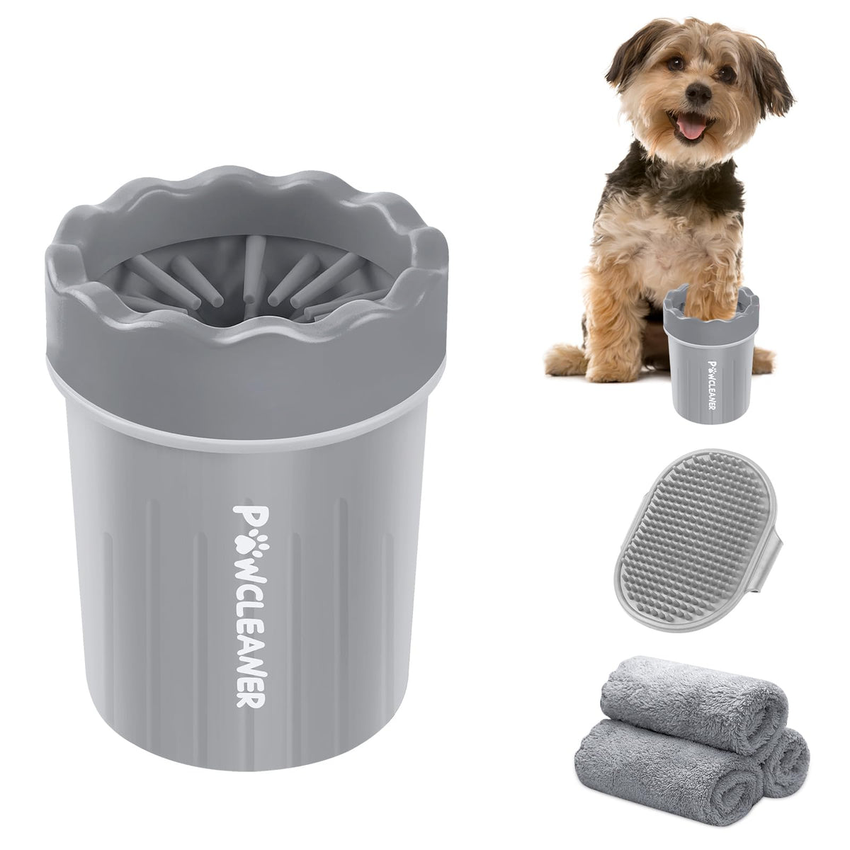 Comotech Portable Pet Paw Washer And Foot Cleaner With Silicone Brush, 3 Absorbent Towels For Small Dogs (Grey)