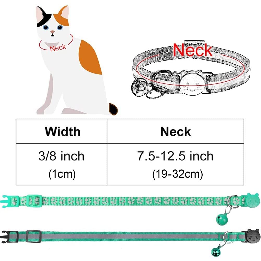 Taglory Reflective Cat Collars Breakaway With Bell, 2 Pack Girl Boy Pet Kitten Collar Adjustable 7.5-12.5 Inch, Turquoise