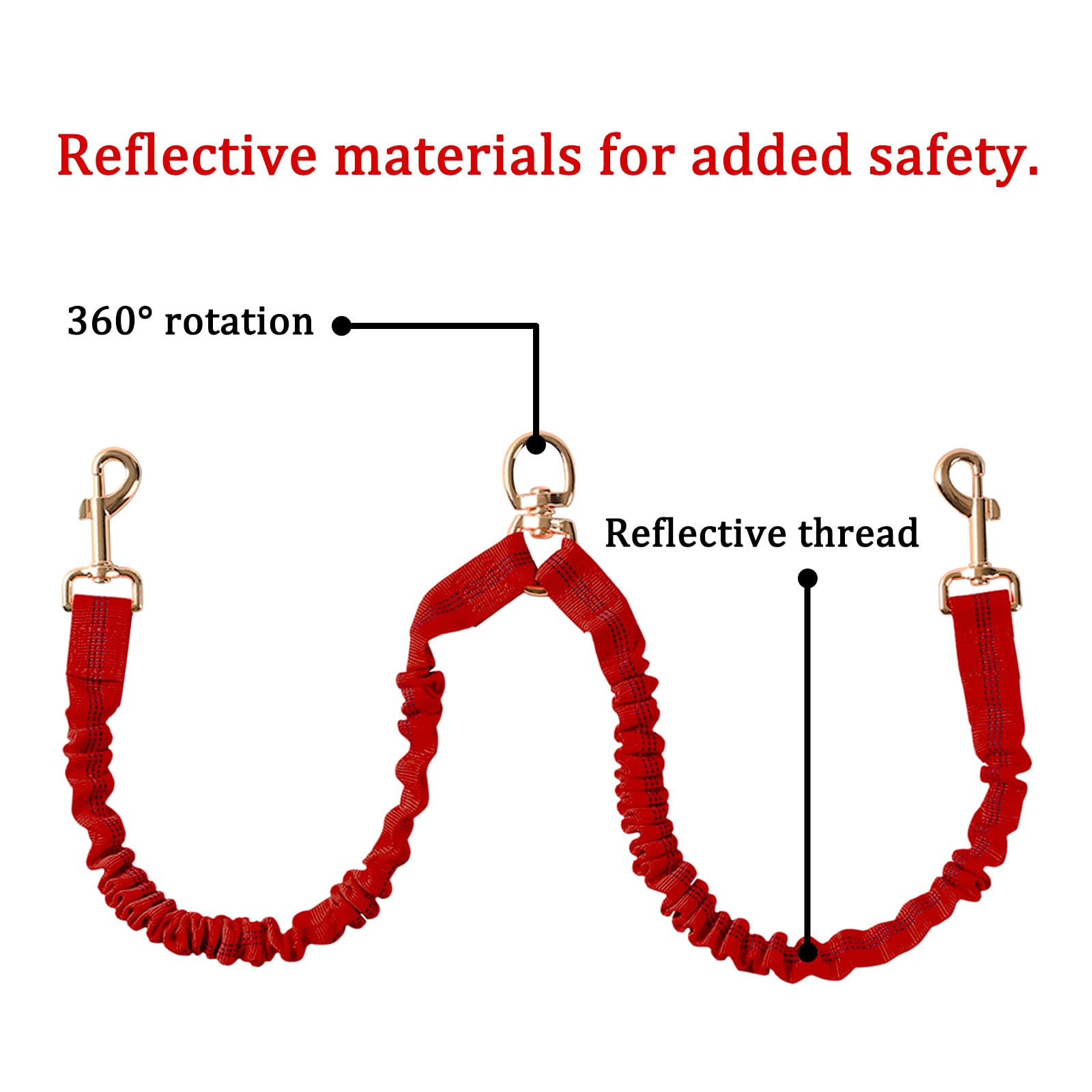 Dual Dog Leash,Double Dog 360 Swivel No Tangle Walking Leash,Comfortable Shock Absorbing Reflective Bungee For Two Dogs(Red)