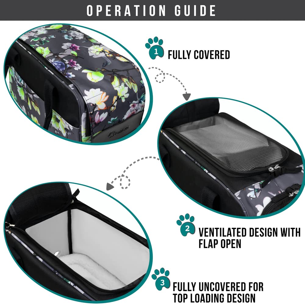 Petami Dog Purse Carrier For Small Dogs, Airline Approved Soft Sided Pet Carrier With Pockets, Ventilated Dog Carrying Bag For Puppy Cat, Dog Travel Supplies Bag, Sherpa Bed, Max 12 Lbs, Floral Gray