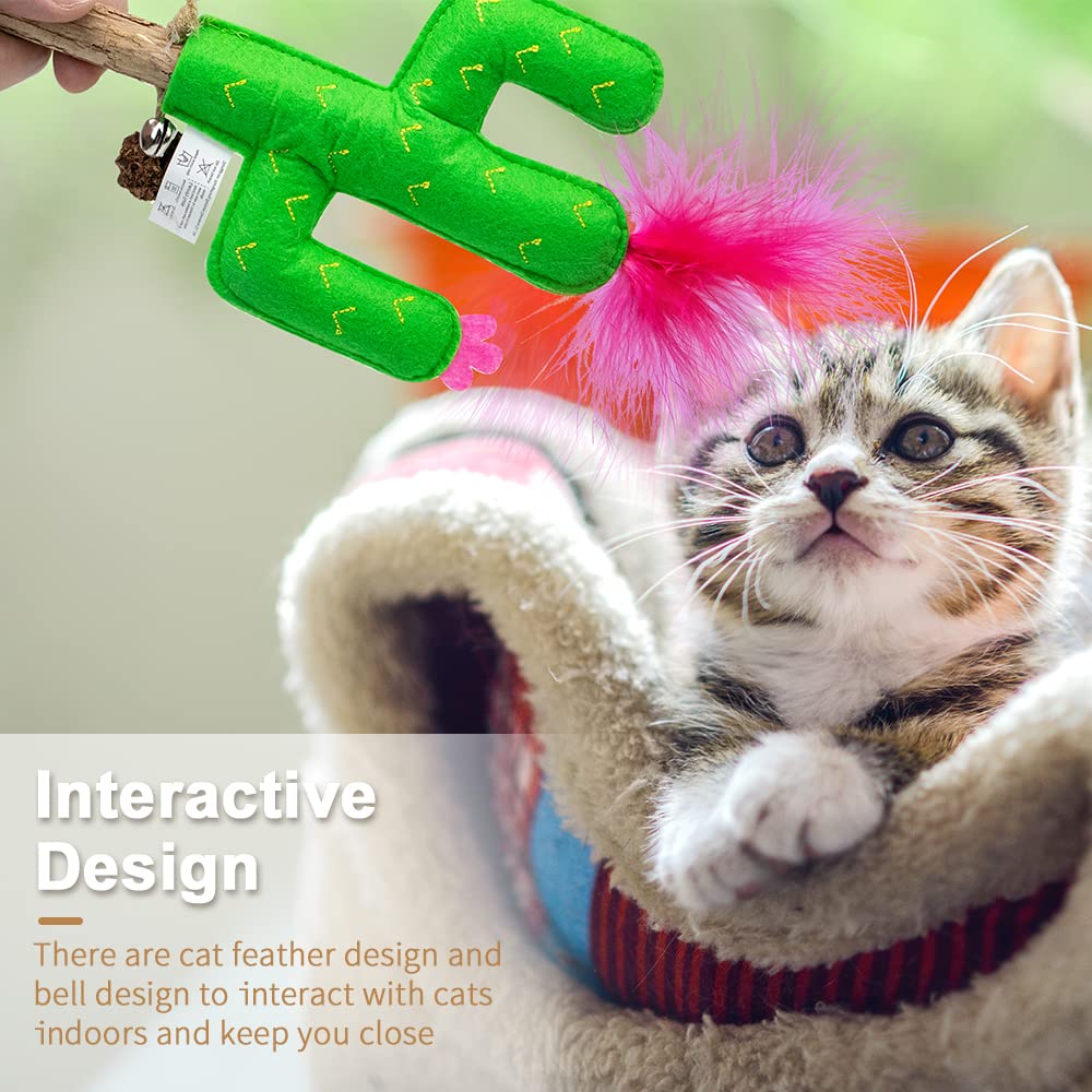 Paz'S Gift Cat Chew Toy Catnip Organic Cat Bite Toy Indoor Interactive Cat Kick Stick For Cats Silvervine With Feather Cat Stick Cute Plush Cactus