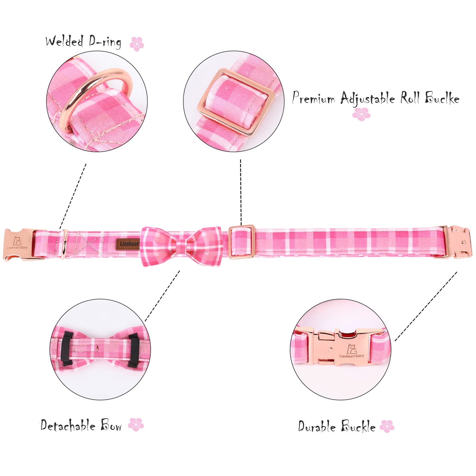 Lionheart Glory Pink Plaid Dog Collar, Adjustable Dog Collar With Bowtie, Pet Gift Girl Collar For Dog Soft Bowtie Dog Collars For Small Dogs