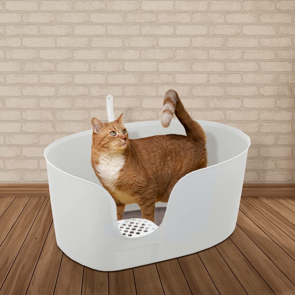 Richell PAW TRAX High Wall Cat Litter Box XL, Large High Sides Cat Litter Pan in White