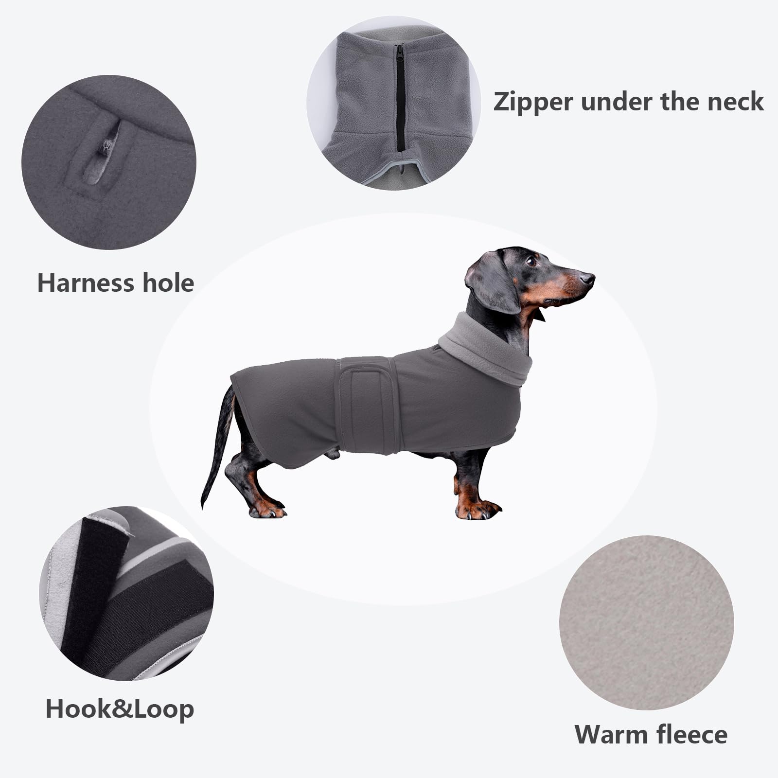 Dachshund Coats Sausage Dog Fleece Coat In Winter Miniature Dachshund Clothes With Hook And Loop Closure And High Vis Reflective Trim Safety - Gray - Xs