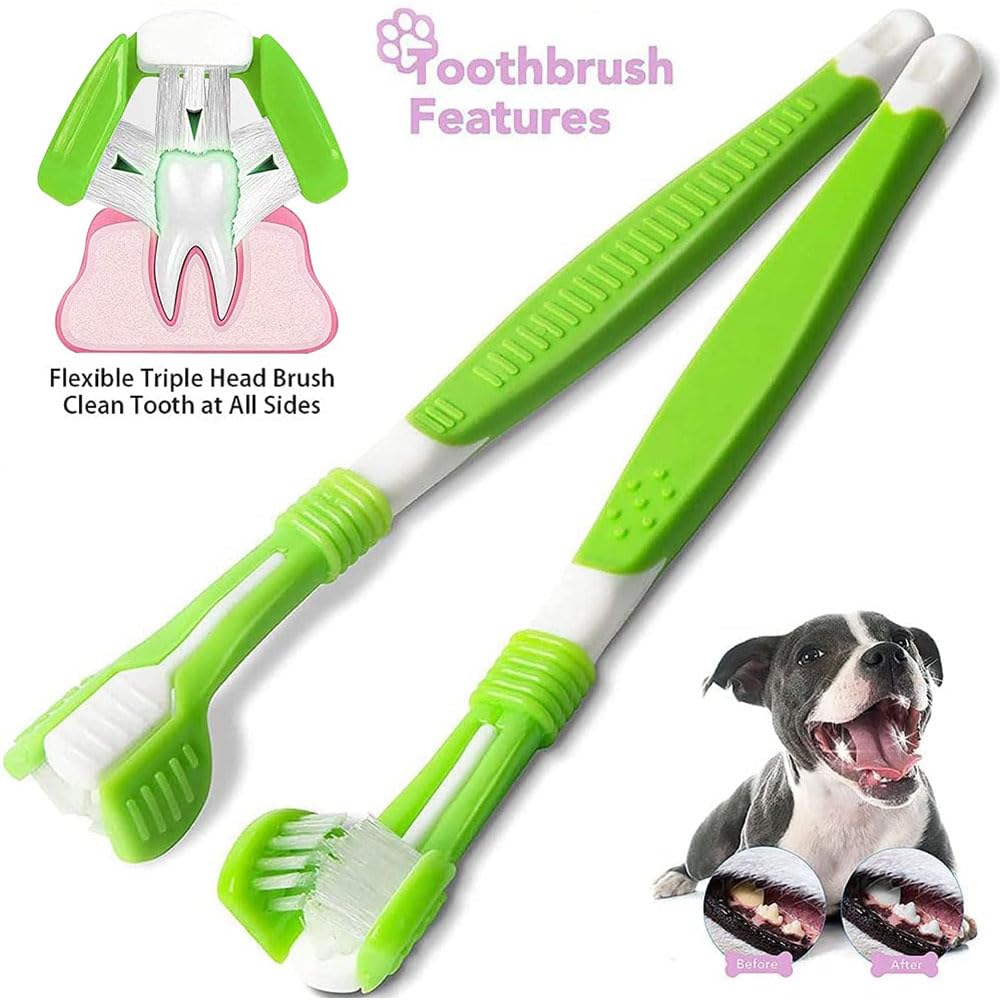 AZOFFYIU Triple Head & Double Head Dog Toothbrush Set, Finger Rubber Toothbrush, Multi-Angle Dental Cleaning Brushes for Cat Ora
