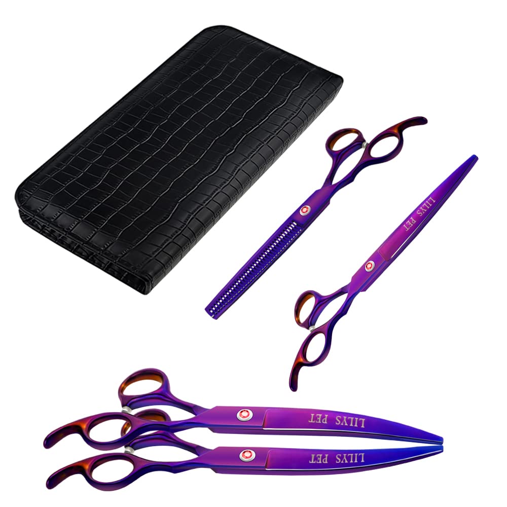 Lilys Pet Professional Pet Dog Grooming Coated Titanium Scissors Suit Cutting&Curved&Thinning Shears (7.0 Inches, Purple)…