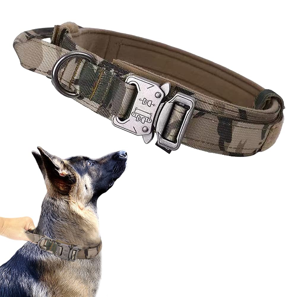 Tactical Dog Collar Military Dog Collar Adjustable Nylon Dog Collar Heavy Duty Metal Buckle With Handle For Dog Training (Camo,X