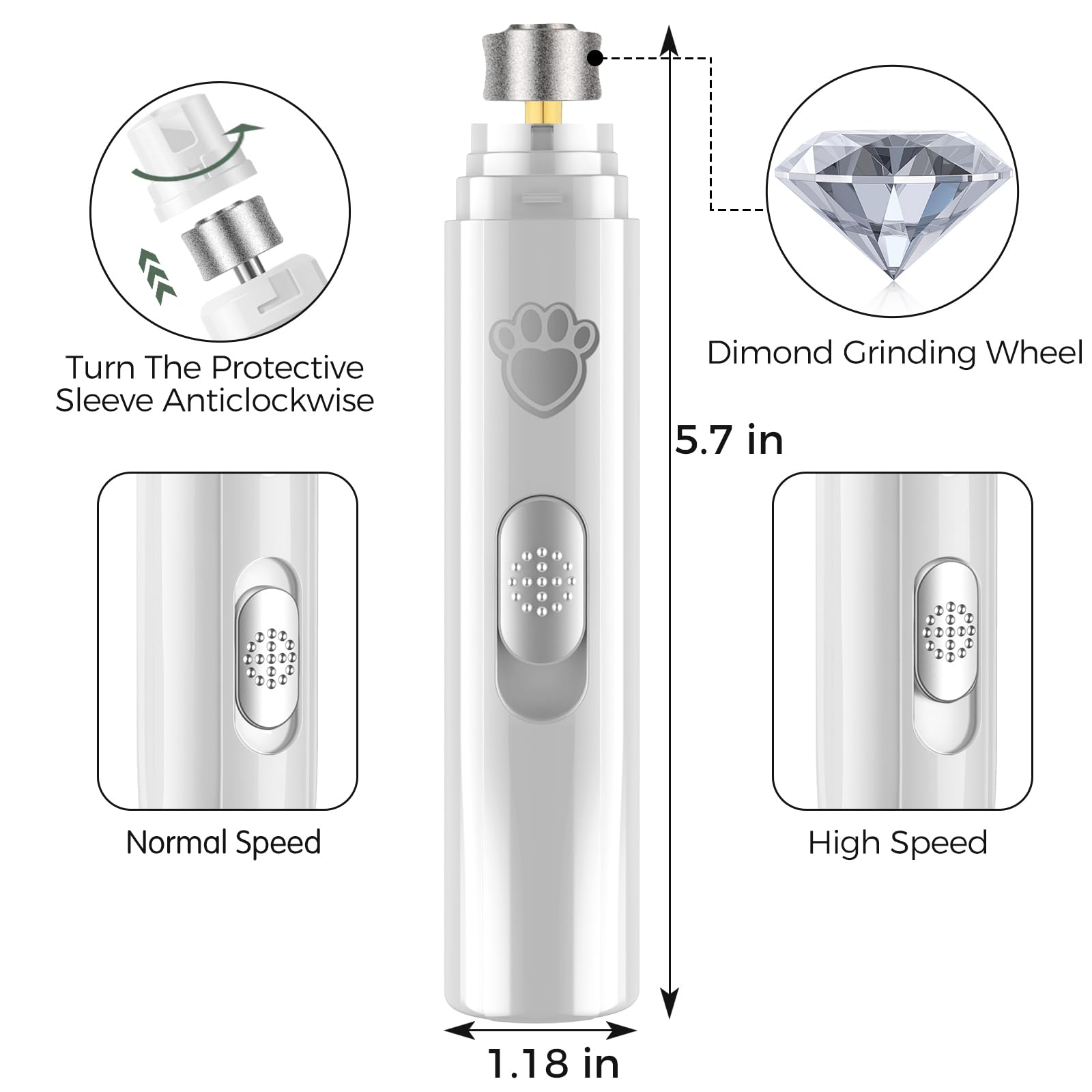 VIWIK Dog Nail Grinder - 2-Speed Rechargeable Trimmer for Large, Medium & Small Dogs, Quiet Electric Dremel Grooming Tool, White