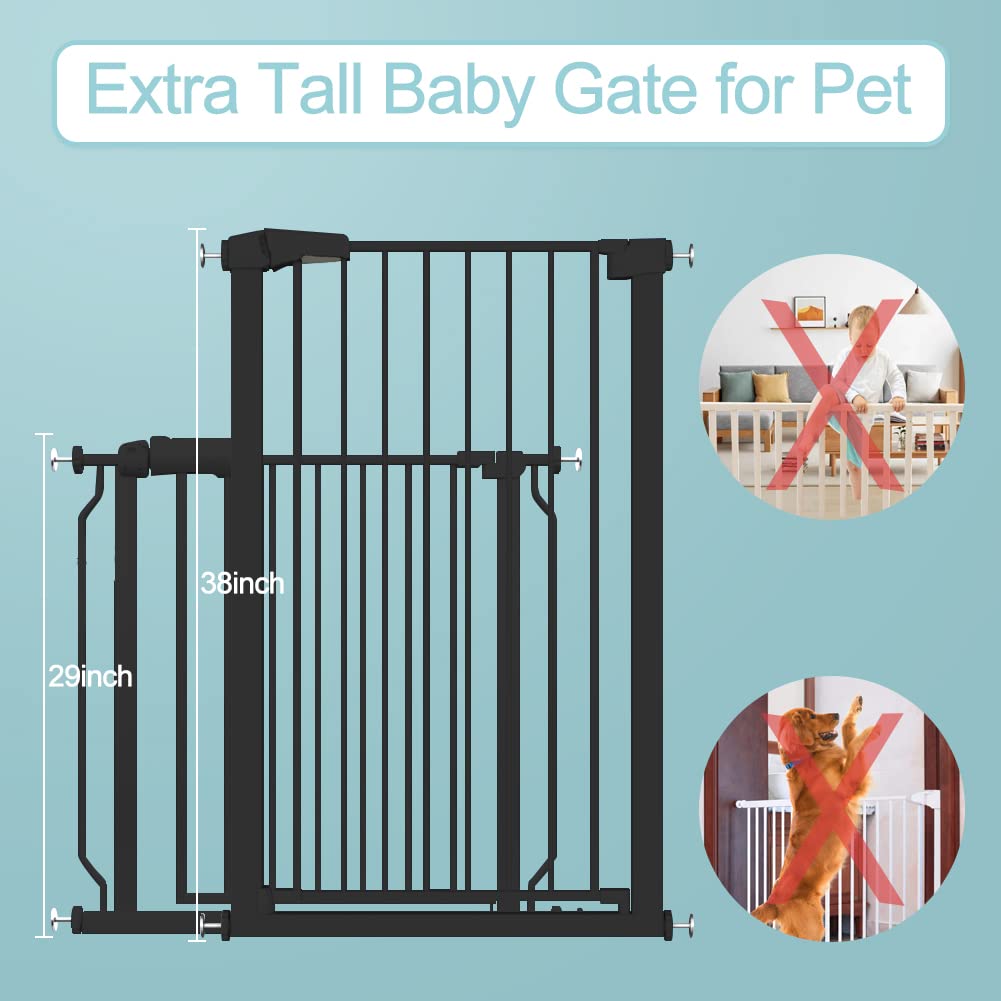 38.5' Extra Tall Dog Gate 76.38'-79.13' Wide - Long Large Pressure Mounted Baby Gates With Door For The House Stairs Doorways - Walk Through Toddler Puppy Pet Safety Fence Gate Black