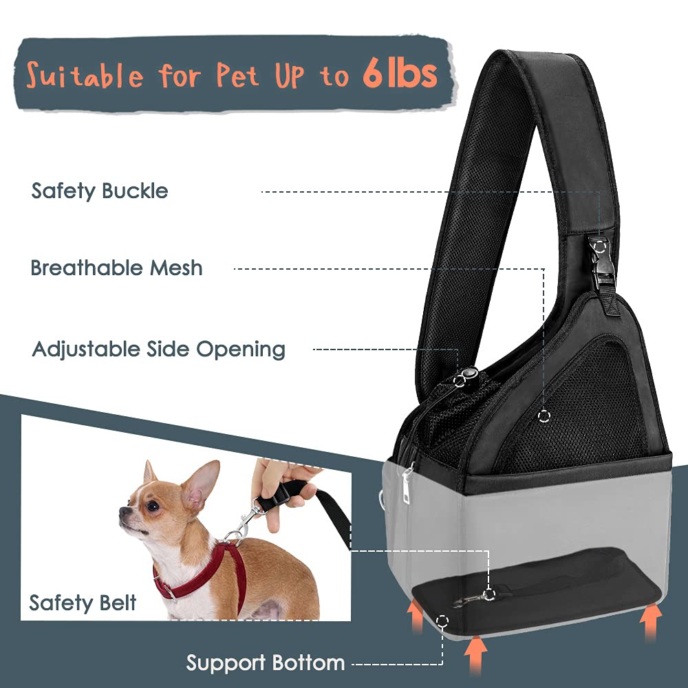 Slowton Pet Dog Sling Carrier, Hands Free Hard Bottom Papoose Small Animal Puppy Up To 6 Lbs Travel Bag Tote Breathable Mesh Support Adjustable Padded Strap Pocket Safety Belt Machine Washable