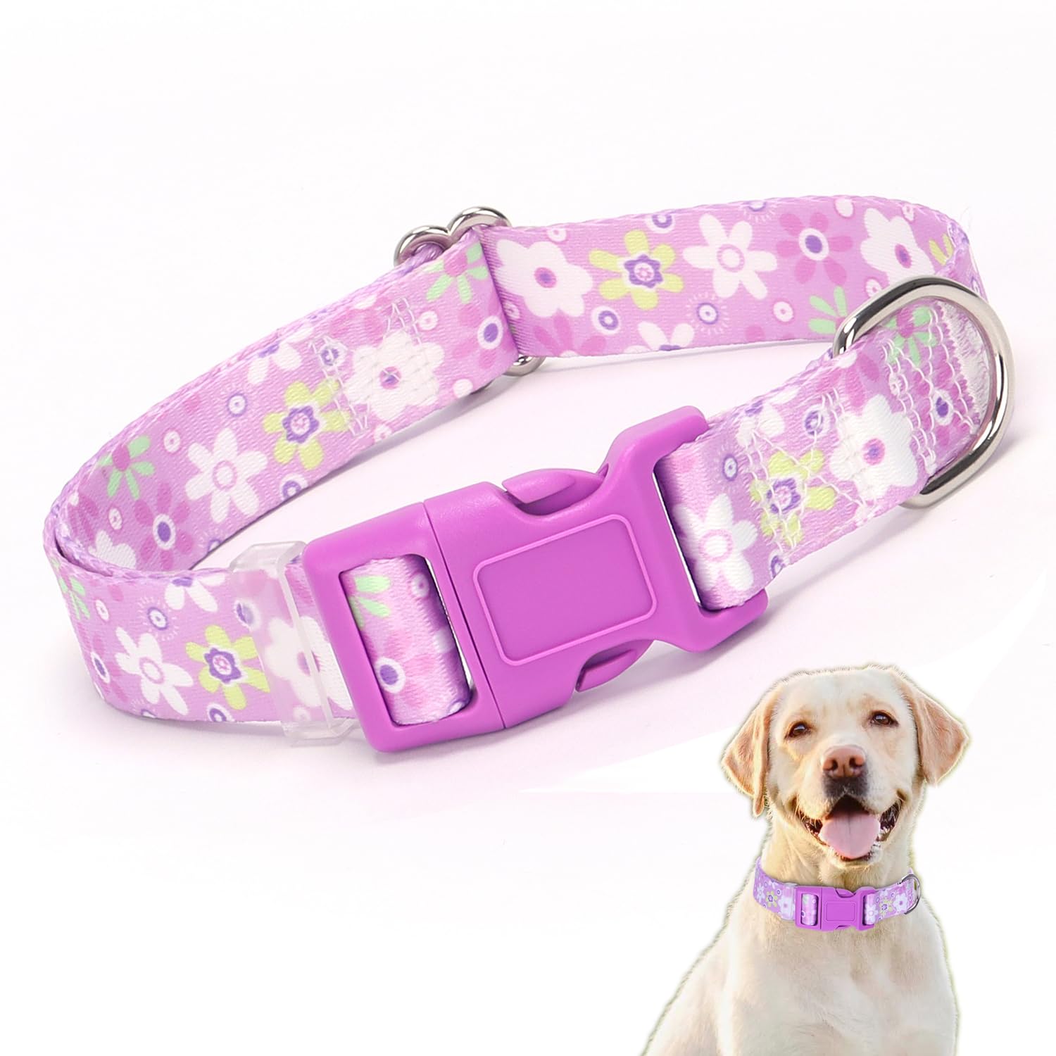 Purple Dog Collar, Cute Pretty Floral Pattern Design Quick Release Buckle Soft Nylon Girl Dog Collars Adjustable for Xs Small Me