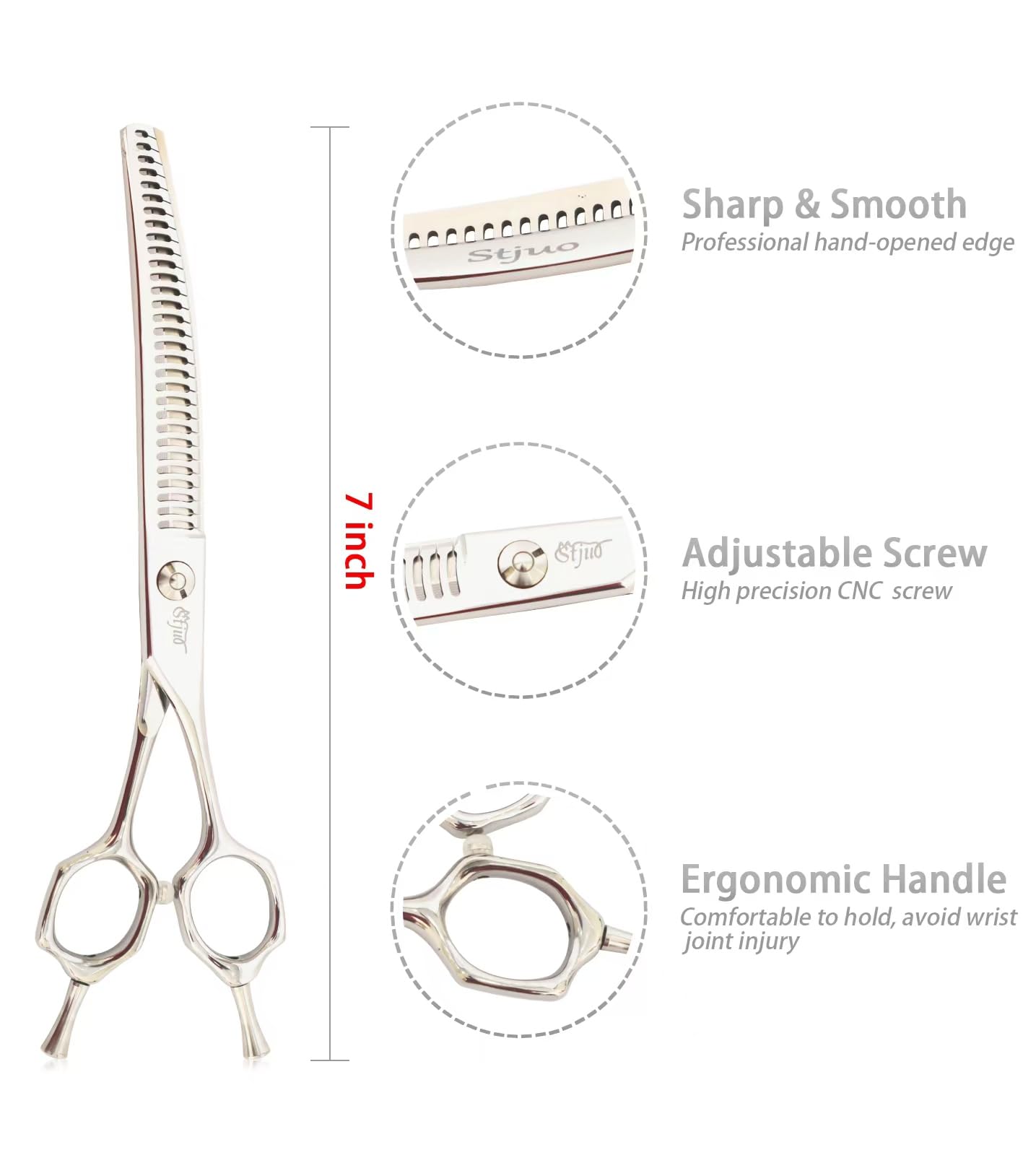 Stjuo Professional Dog Grooming Scissors, Japanese 440C Stainless Steel, 62 Hrc Hardness, Curved Chunker