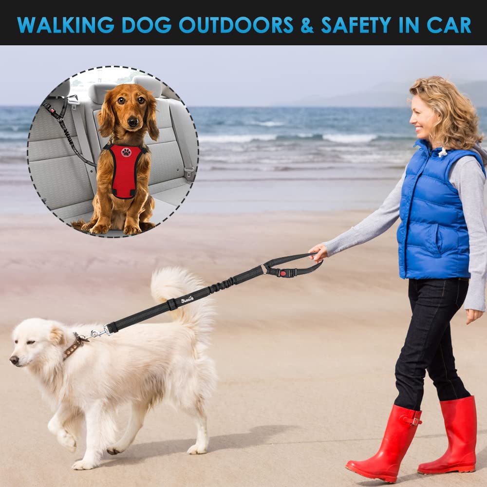 Slowton Dog Seat Belt For Car, 2 Pack Dog Car Harness Seatbelt Adjustable With Elastic Bungee Buffer, 2 In 1 Pet Car Leash Headrest Restraint Dog Reflective Safety Tether (Black, Headrest)