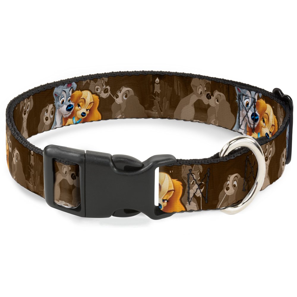 Buckle-Down Pc-Wdy372-Nl Plastic Clip Collar-Lady And Tramp 2-Poses/Spaghetti Kiss Scene Browns, 1/2 W-9-15 Neck-Large