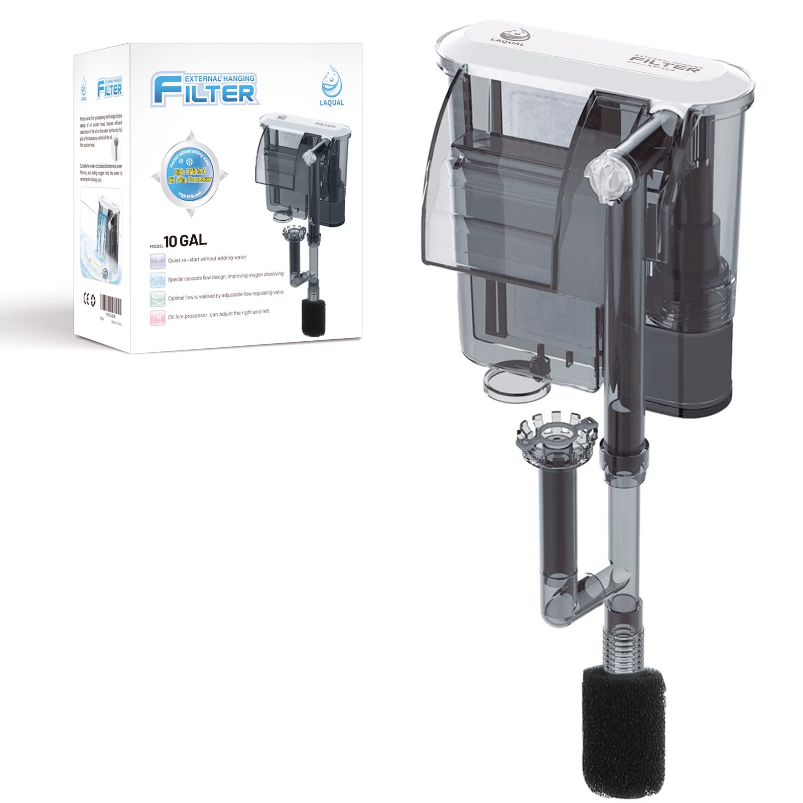 Laqual Aquarium Filter With Surface Skimmer, 10 Gallon Small Fish Tank Filter, 3-Layer Filtration, Adjustable Water Flow, Waterfall Design For Increasing Oxygen, Quiet & Efficient Hang On Back Filter