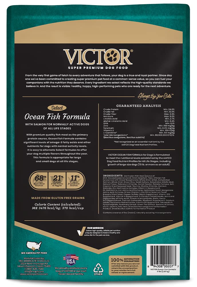 VICTOR Super Premium Dog Food - Select Ocean Fish Formula with Salmon - Omega-3 and Omega-6 Enriched Gluten-Free Dry Kibble for