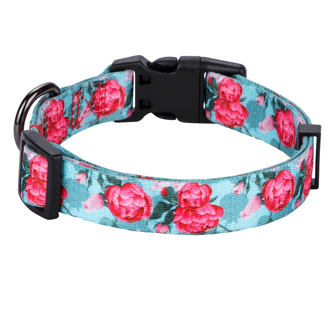 Rhea Rose Girl Dog Collars Summer Floral Rose Print, Female Flower Collar, Turquoise, Large
