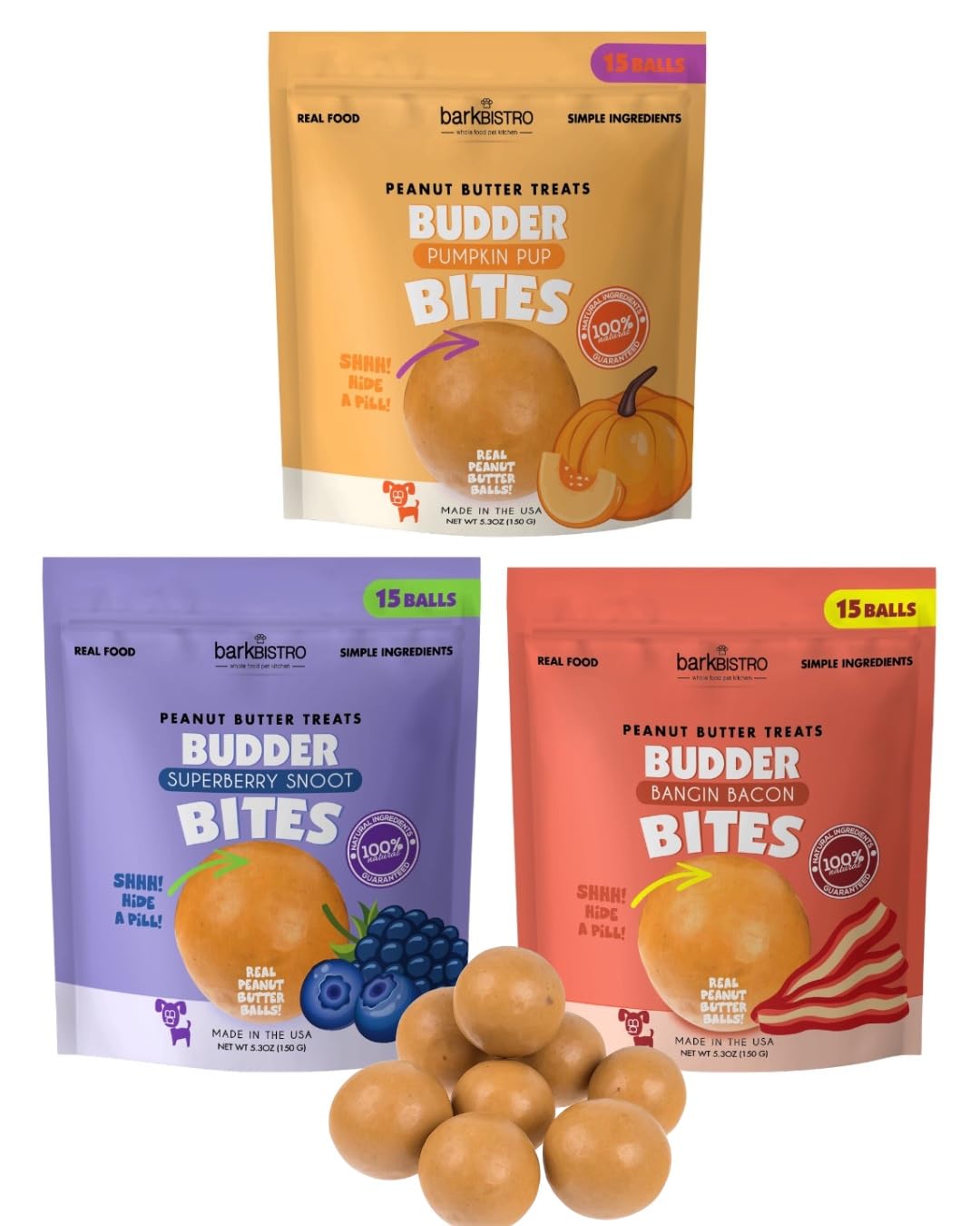 BUDDY BUDDER 3pk Bites, Natural Peanut Butter Dog Treats (Pumpkin, Bacon, & Berry Flavor), Soft Peanut Butter Ball Treat or Use 
