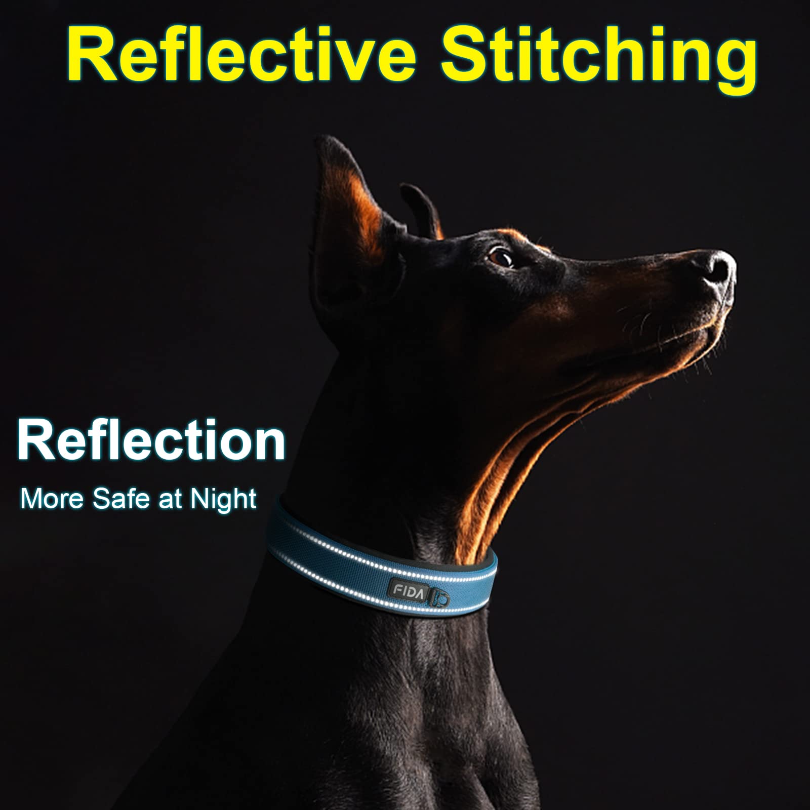 Fida Heavy Duty Dog Collar 1.5    Width, Ultra Soft Neoprene Padded, Adjustable Reflective Nylon Pet Collar With Two Metal Pin B