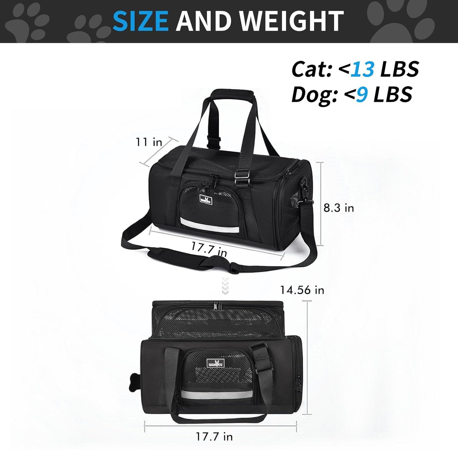 Wakytu Airline Approved Pet Carrier, Collapsible Cat Carrier, Expandable Dog Carrier, 900D High Density Oxford Cloth, Wear-Resis