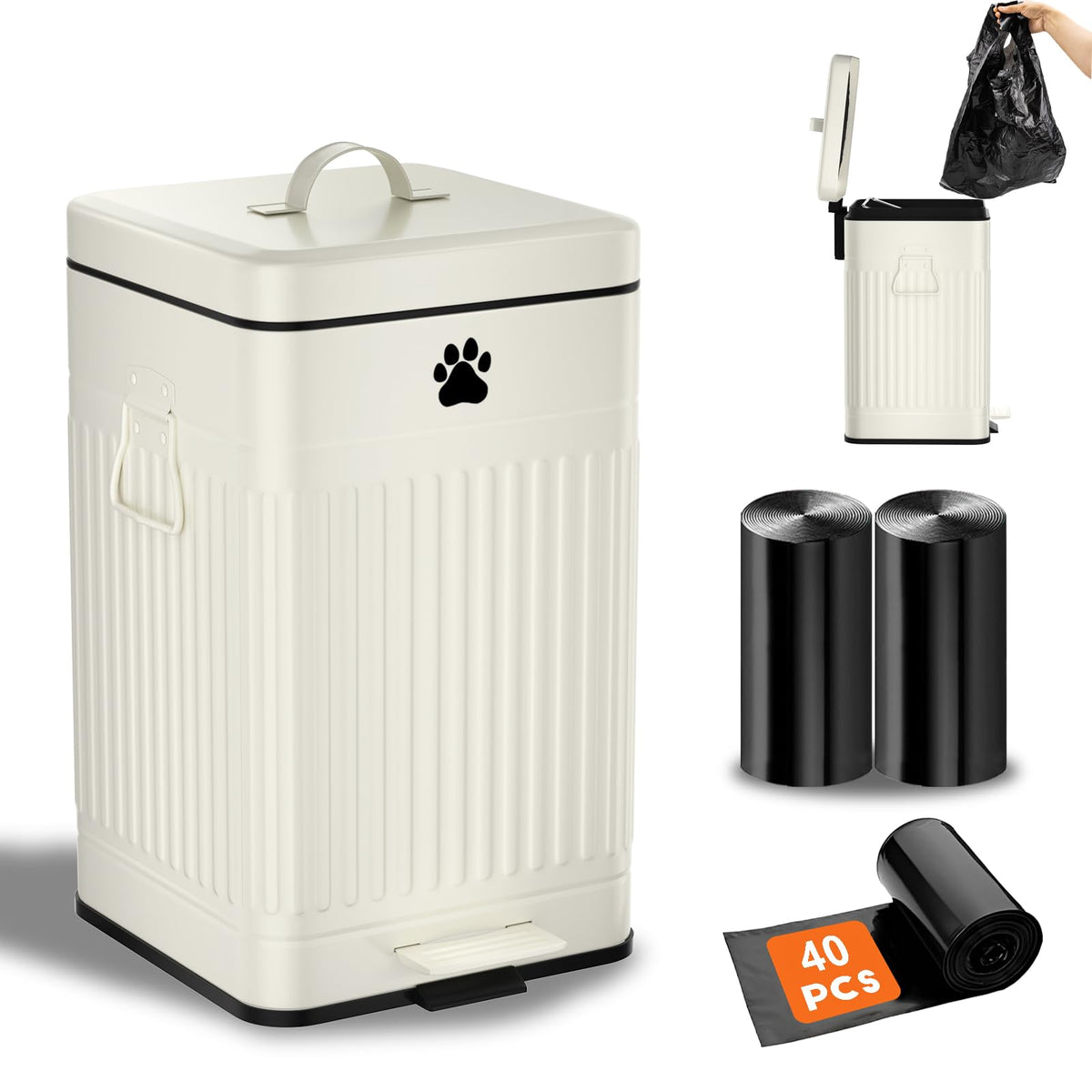Kopuncare Dog Poop Trash Can Outside, 12L/3.1Gal Metal Dog Waste Trash Can With Lid, Foot Pedal, Dog Waste Container With 40 Was