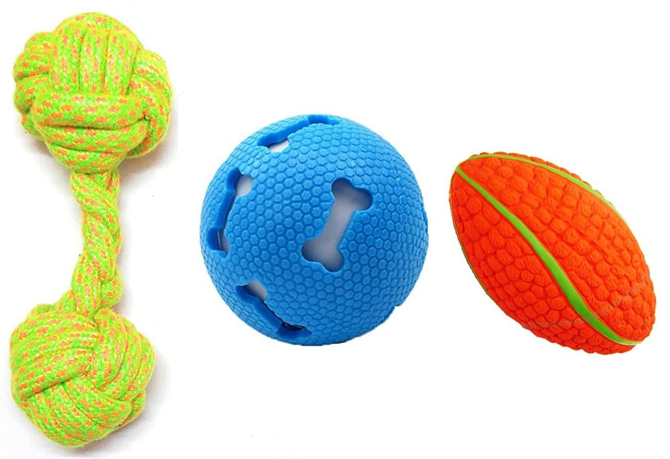 Psk Pet Mart Toys For Dog And Puppy  Combo Of 3  Rugby Design Squeaky Toy ,Rope Toy And Squeaky Ball Toy (Color May Vary)